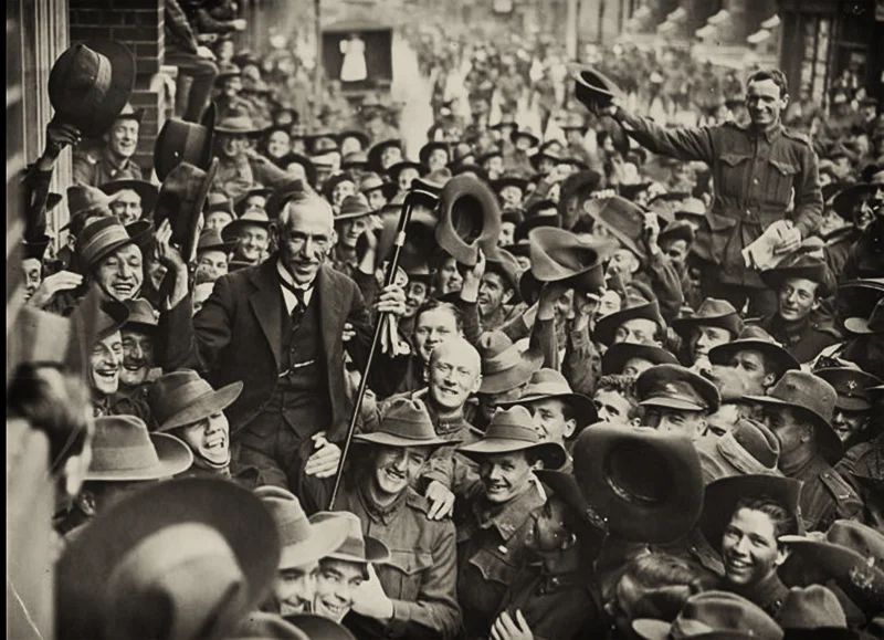 Australian soldiers carry "the little digger" down George Street after the Paris Peace conference, 1919
