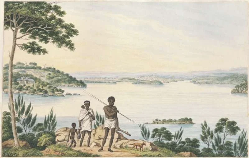 Distant view of Sydney harbour, Joseph Lycett watercolour c1817