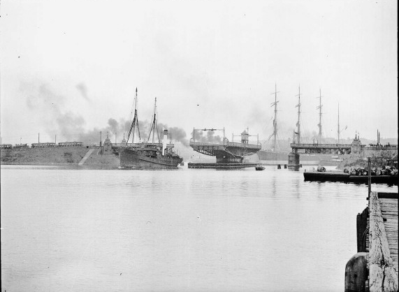 Steam vessel and German barque Gustav passing through Glebe Island Bridge, departing Blackwattle or Rozelle Bay, December 1926