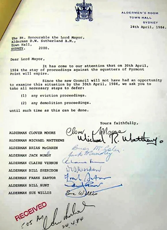 Copy of Letter  to  Lord  Mayor  from  City  of  Sydney  Councillors,  1984,  seeking  deferral  of  action  against  squatters. City of Sydney 