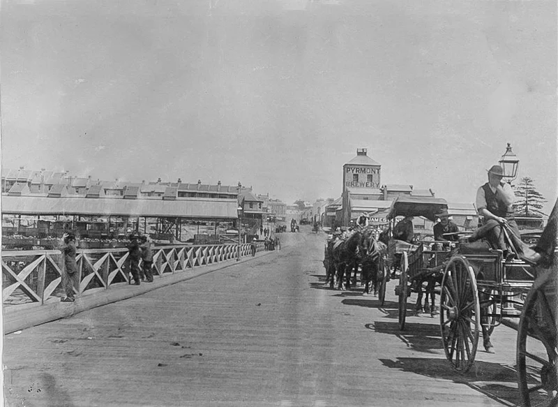 Scene on Pyrmont Bridge with Pyrmont Brewery in the distance, pre 1885