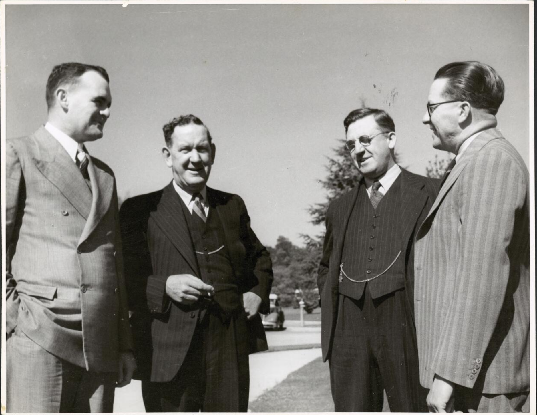 Bill Riordan, John Rosevear, Arthur Calwell and Eddie Ward outside Parliament House, Canberra, 1945