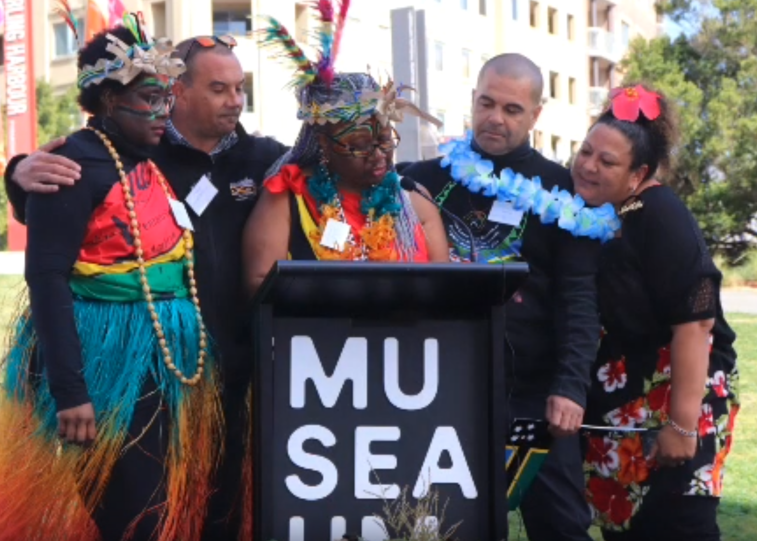  (left) Binette Diop, CEO Metropolitan Aboriginal Land Council Mr. Nathan Moran, (Waskam) Emelda Davis, ASSIPJ Vice Chair Danny Togo, ASSIPJ Secretary Melina Fakatava (nee Togo).