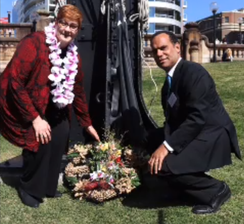(left) Hon. Marise Payne and Hon. Ralph Regenvanu lay wreath in remembrance of man Tanauta who drowned in Sydney Harbour (1847) trying to escape Boyd station incarceration.  