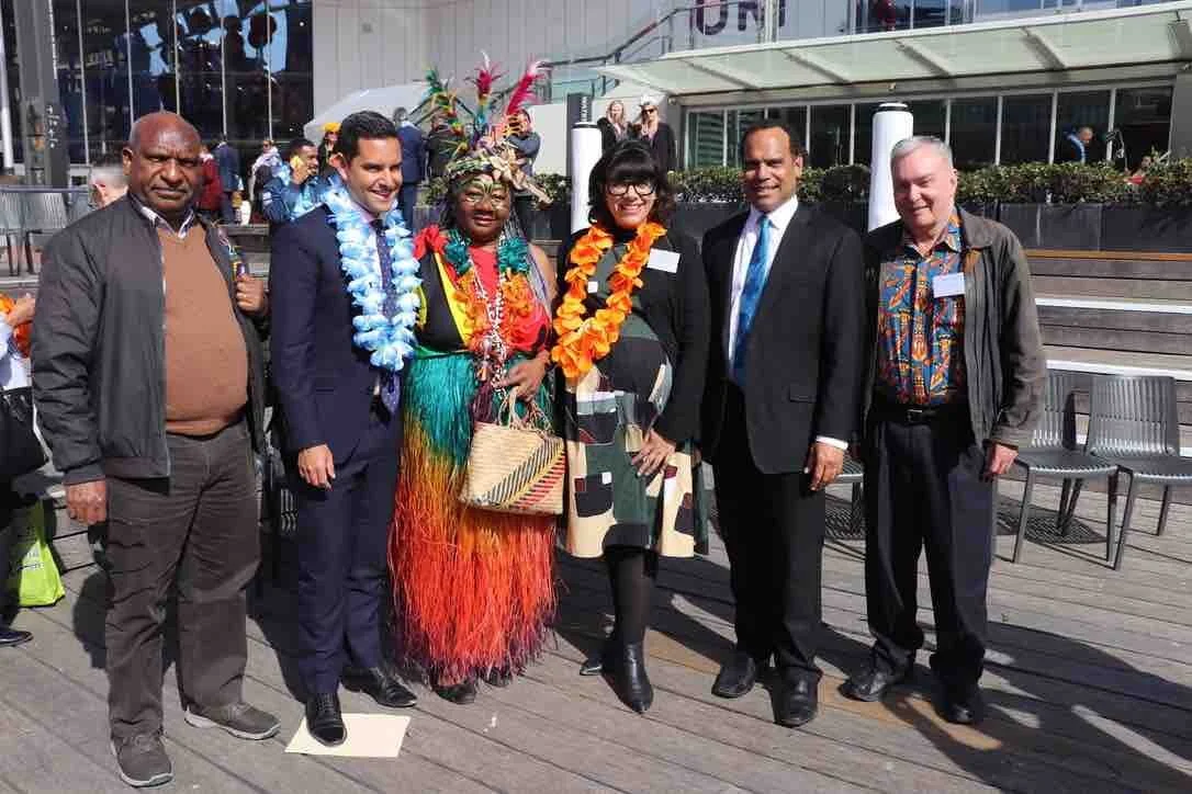 left) Michael Mel – Australian Museum, Member for Sydney Mr. Alex Greenwich, (Waskam) Emelda Davis, Councillor Jess Scully, Vanuatu Foreign Minister the Hon. Ralph Regenvanu, EM/Prof. Clive Moore UQ  