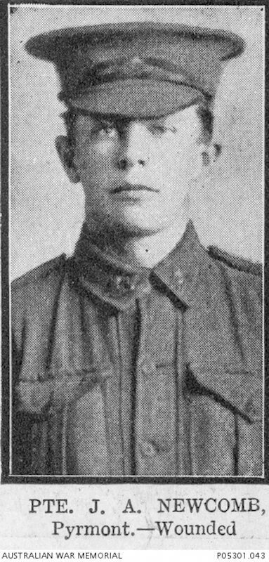 Private. J.A. Newcomb, clerk of Pyrmont  - studio portrait 1915.  Died of wounds after returning home 1919, aged 20