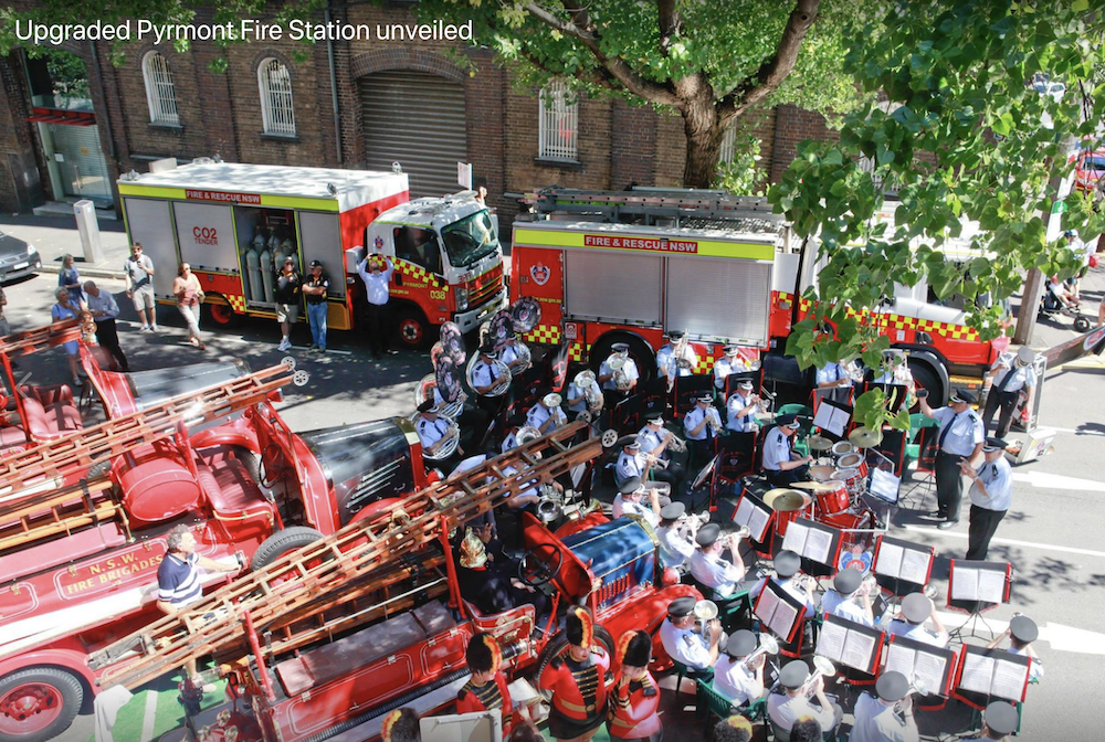 FRNSW brass band and old and new fire engines