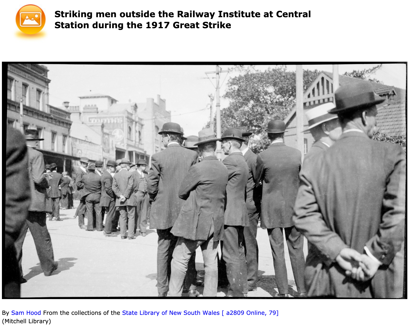 Striking men outside the Railway Institute at Central Station