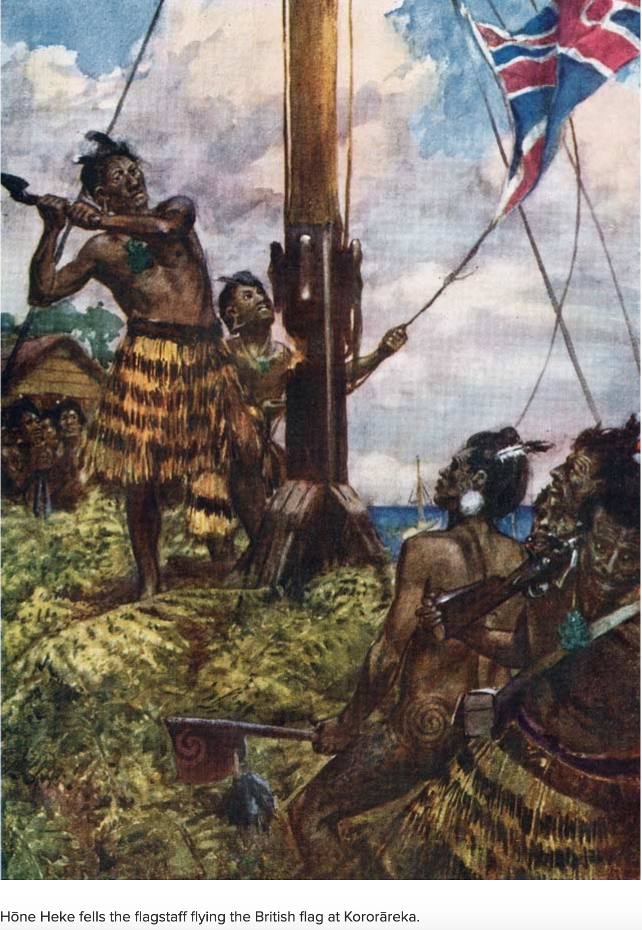 Hōne Heke fells the flagstaff flying the British flag at Kororāreka, 1845