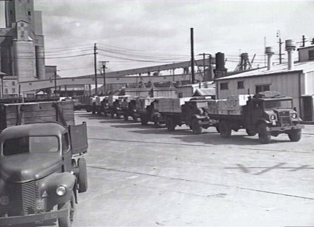 Trucks on Glebe Island bound for Japan 1946