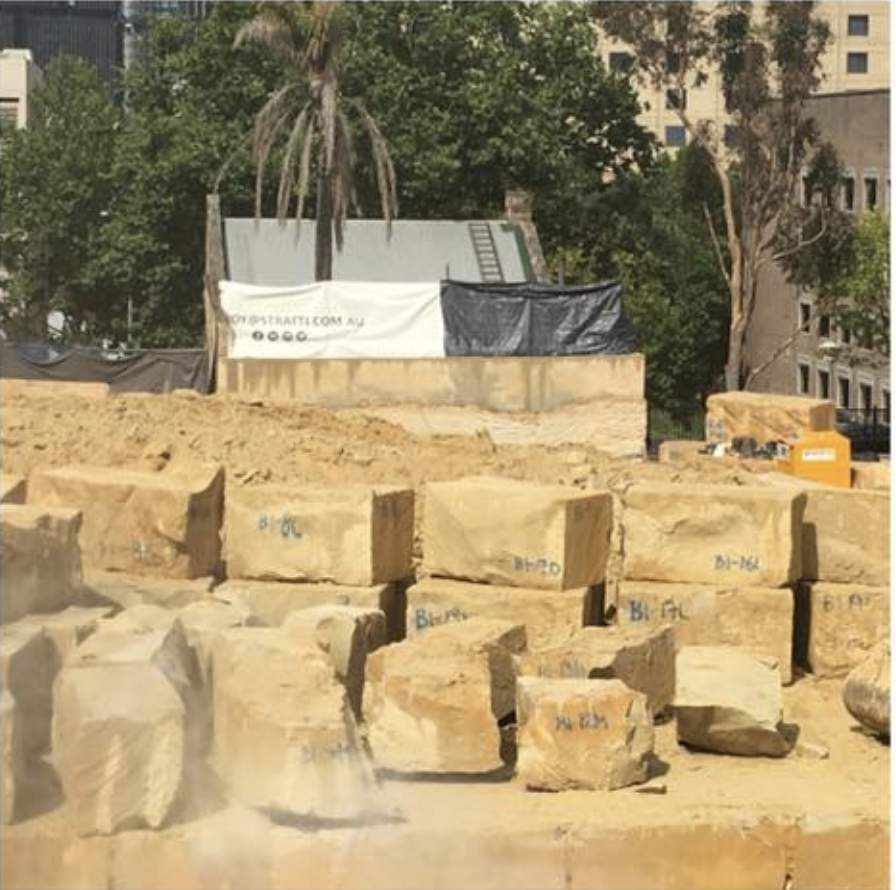 Blocks of sandstone on the Harris Street-Mount Street site