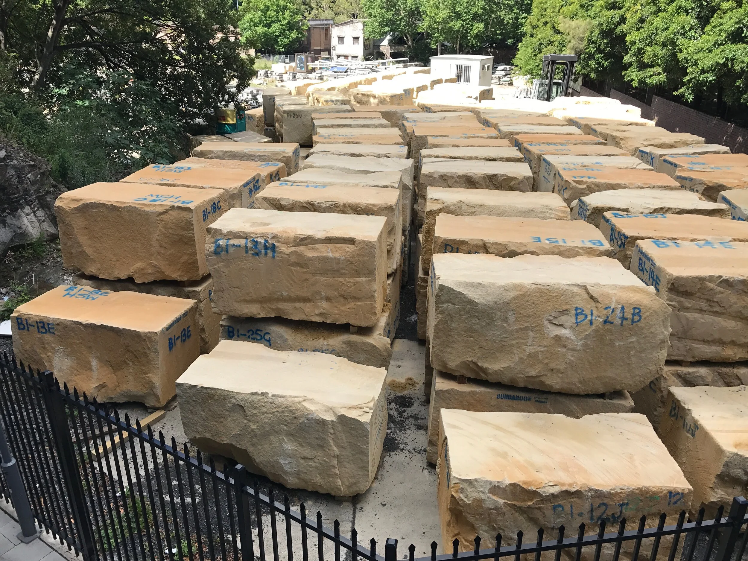 Sandstone blocks stored at Fig/Wattle depot prior to tranport to another site