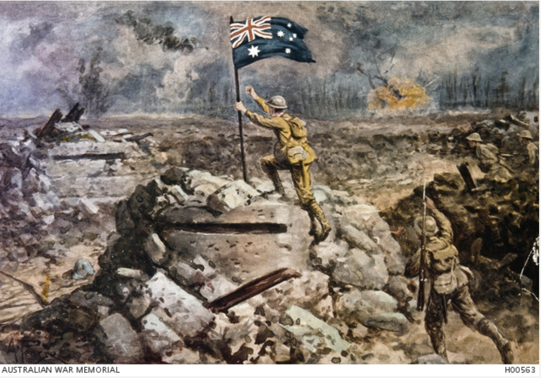 Post card of a 1917 scene on the battlefield in Belgium: "The Battle of Polygon Wood", A. Pearse, War Artist
