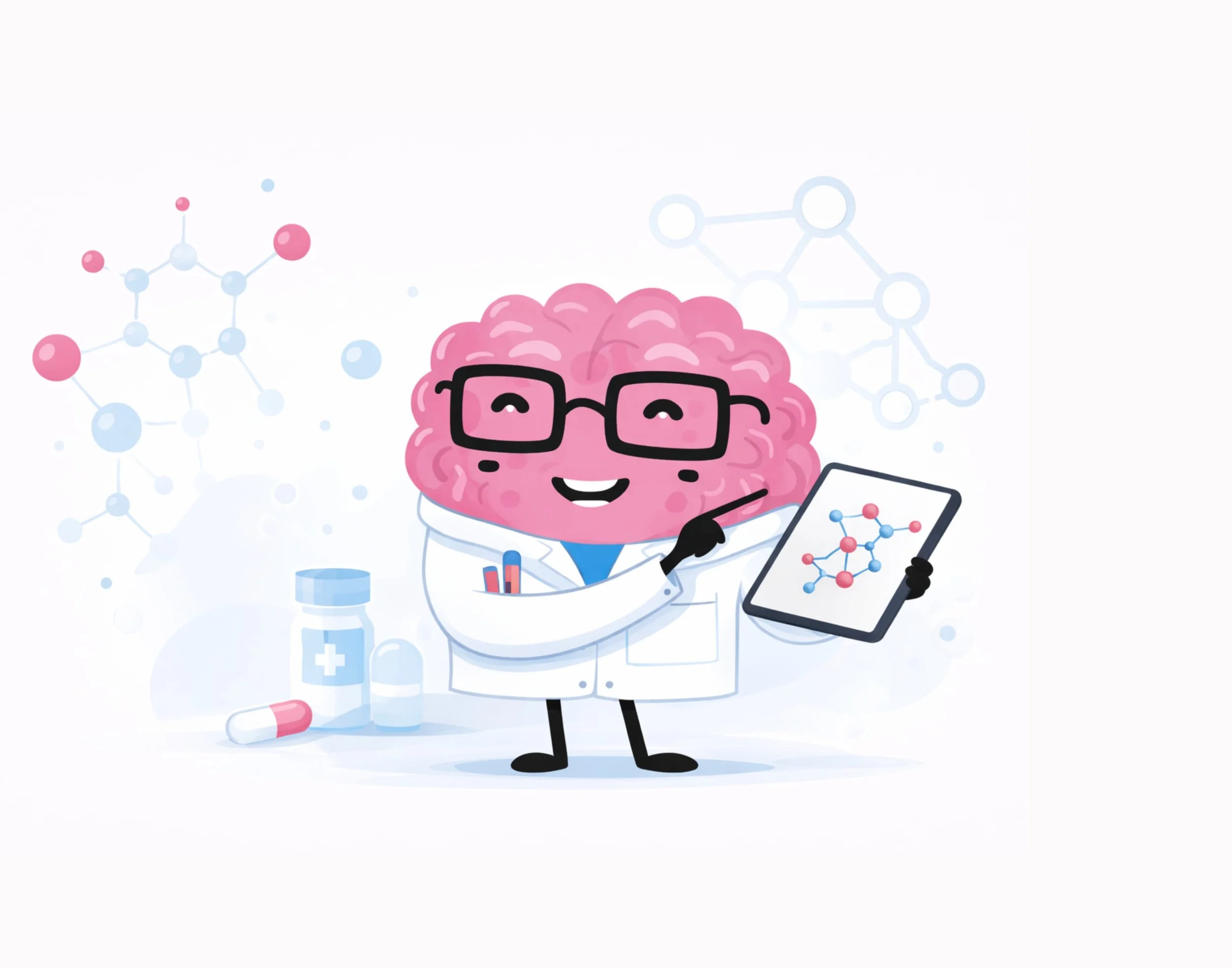 Rysunkowa postać mózgu w okularach i fartuchu laboratoryjnym, prezentująca e-learning na platformie Kogidu.