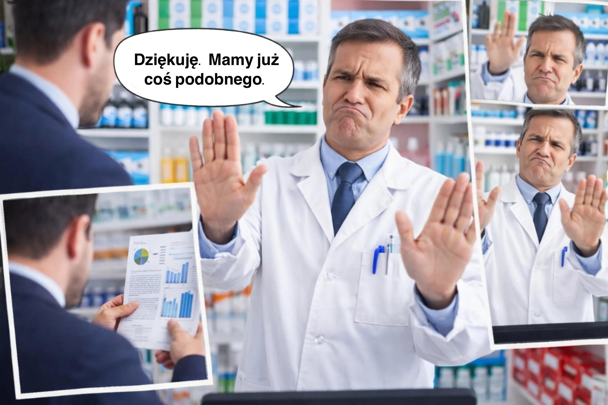 Farmaceuta w aptece odmawia rozmowy przedstawicielowi; dymek: „Dziękuję. Mamy już coś podobnego.”