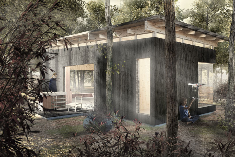 Architectural rendering of a modern black custom home with large glass openings, deep roof overhangs, and woodland setting by Overlook Building Inc.