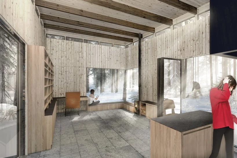 Architectural rendering of a modern custom home interior with exposed ceiling beams, open-plan living space, large windows, and contemporary finishes by Overlook Building Inc.