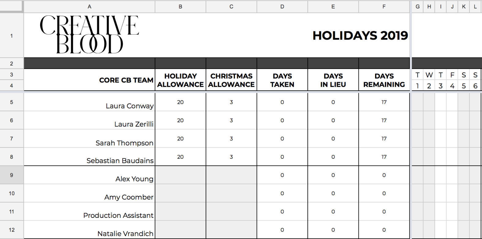 HOLIDAY CHART