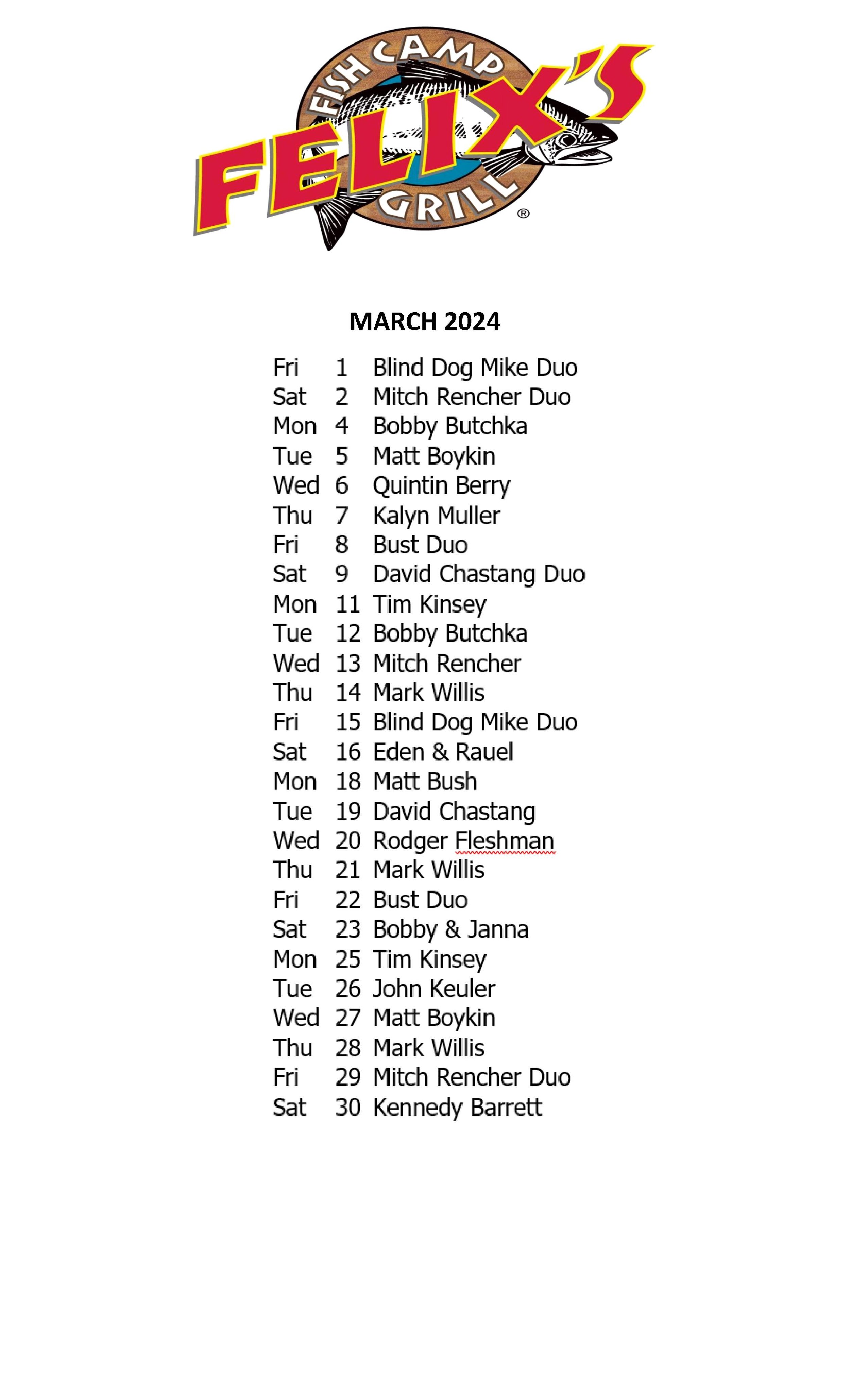 MARCH MUSIC SCHEDULE