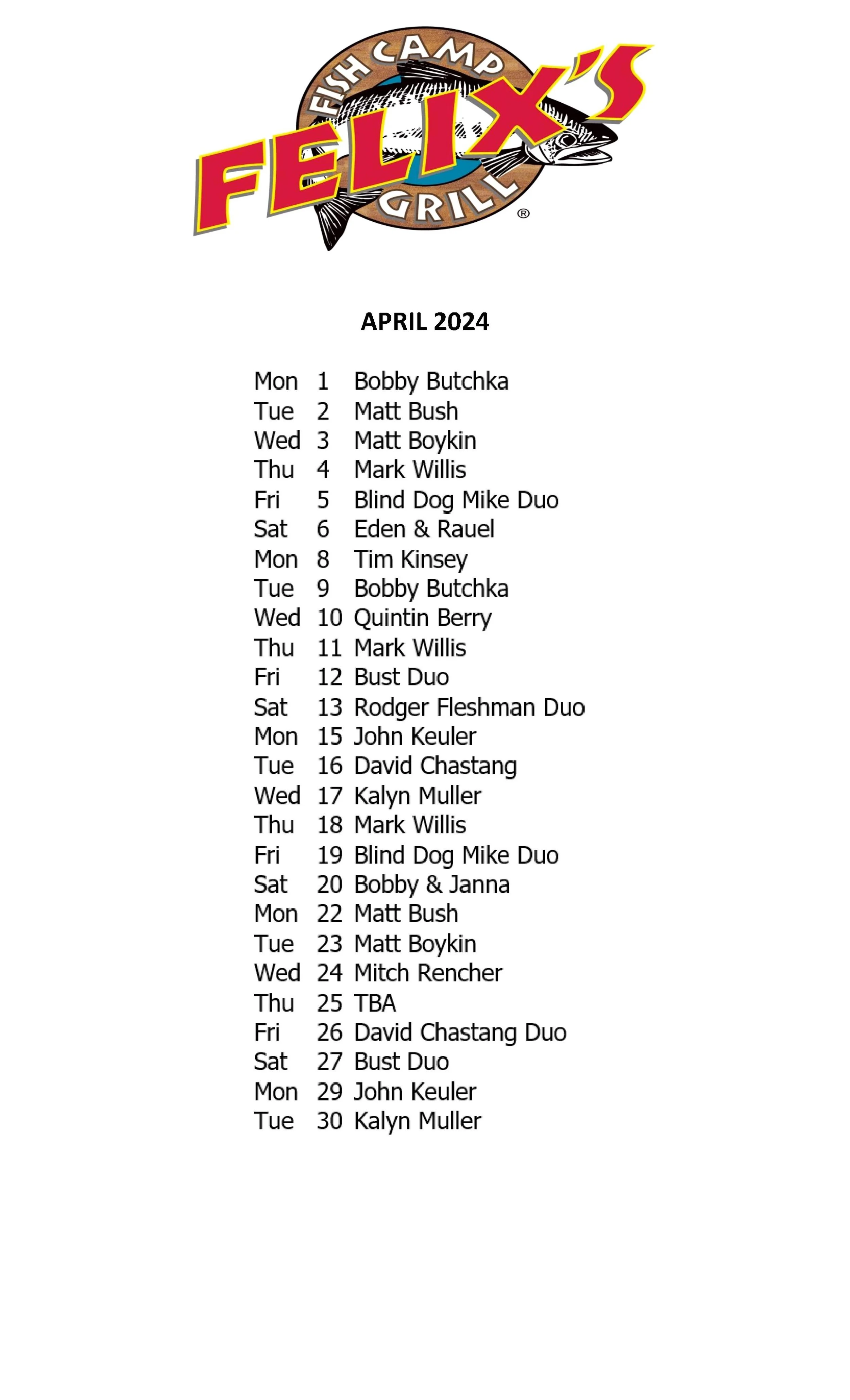 APRIL MUSIC SCHEDULE