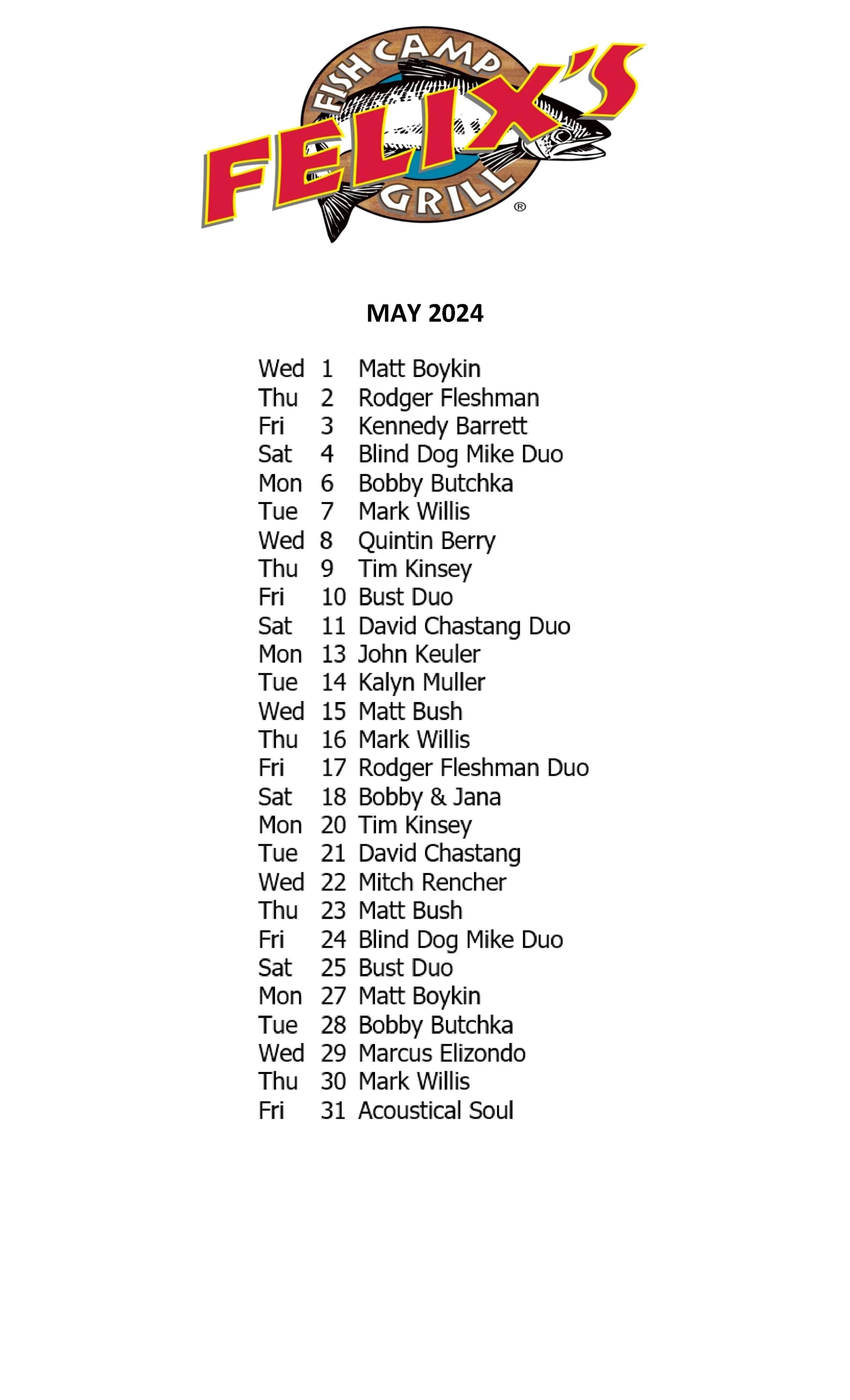 MAY MUSIC SCHEDULE