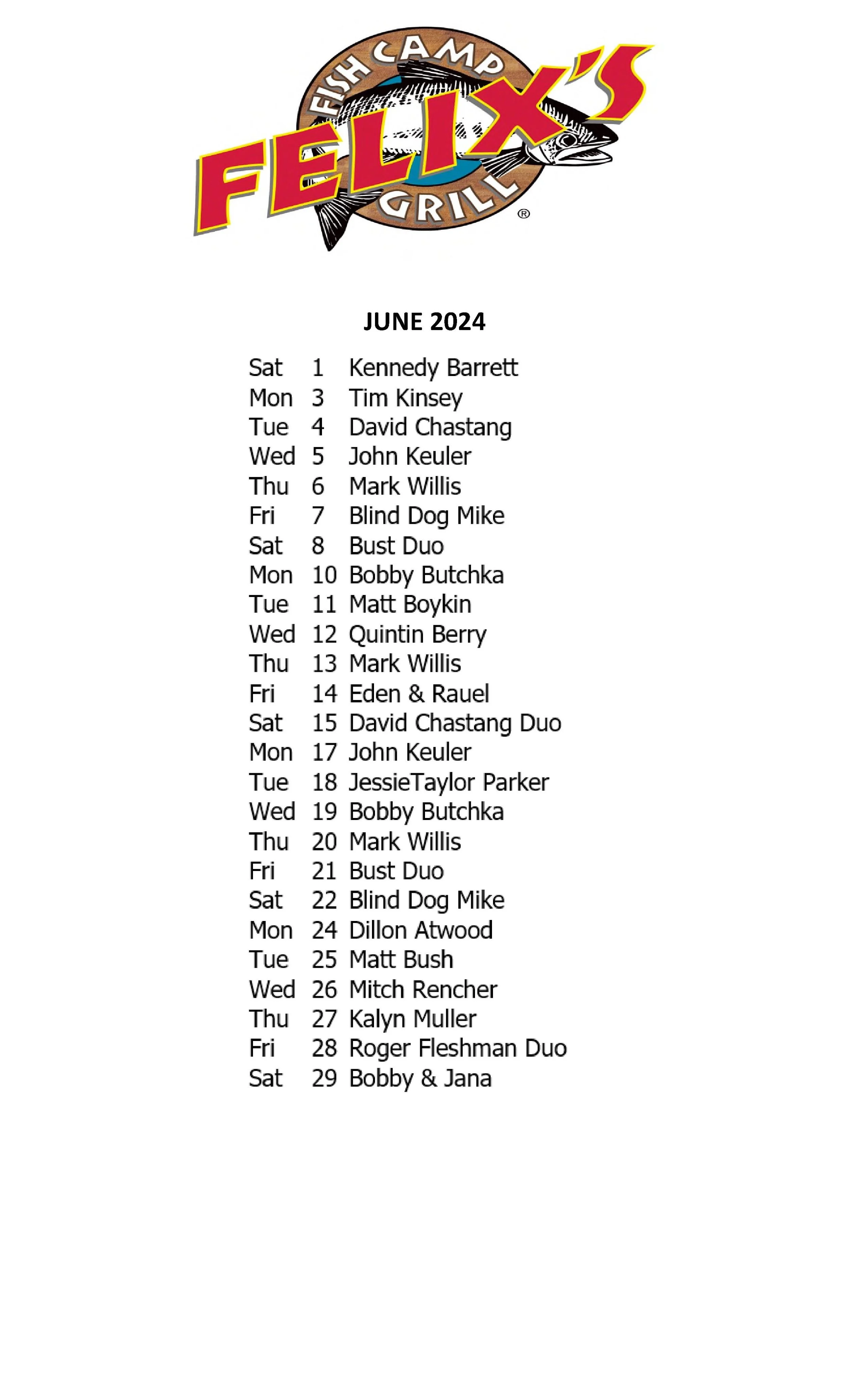JUNE MUSIC SCHEDULE