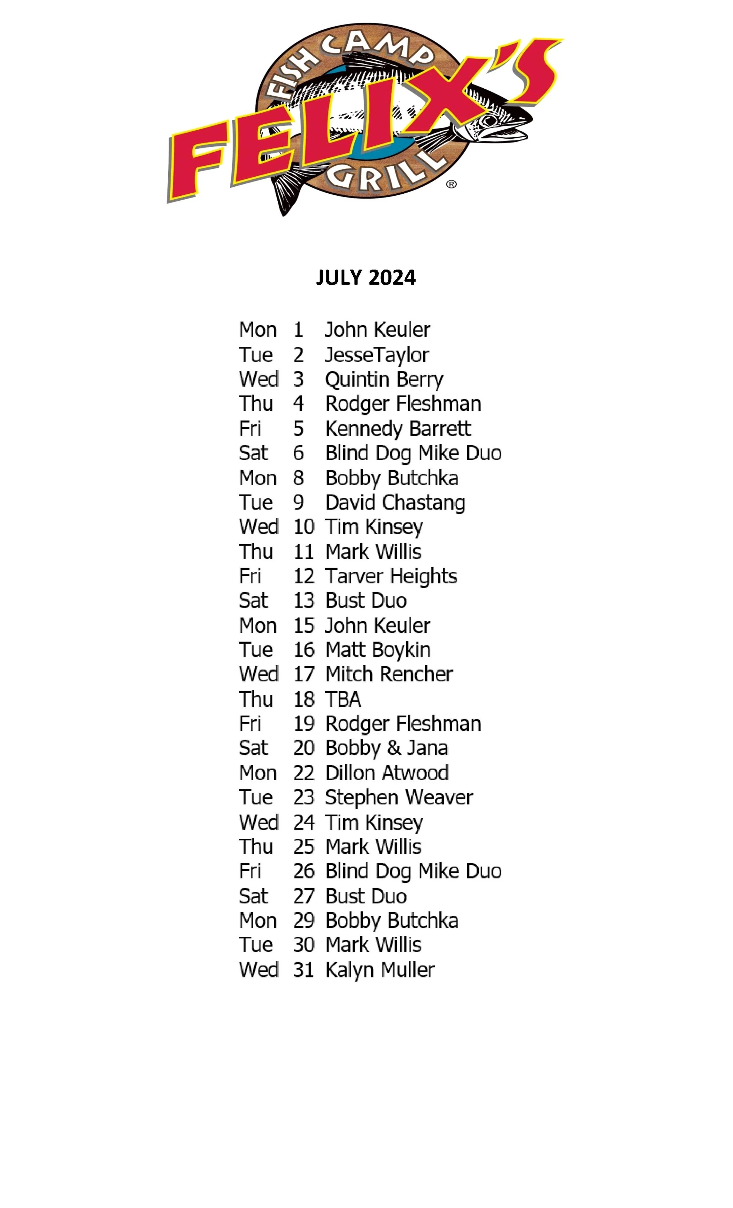 JULY MUSIC SCHEDULE