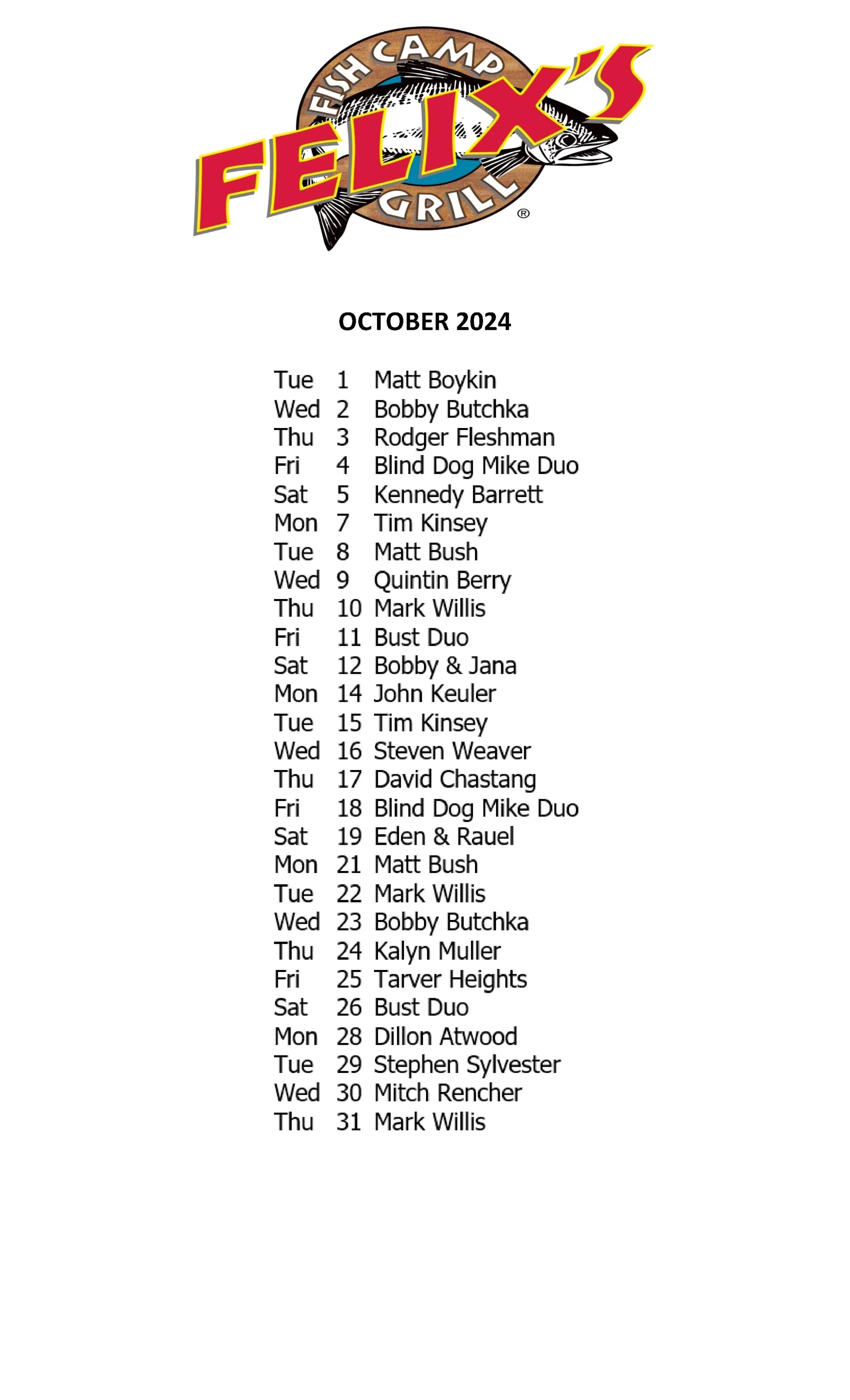OCTOBER MUSIC SCHEDULE