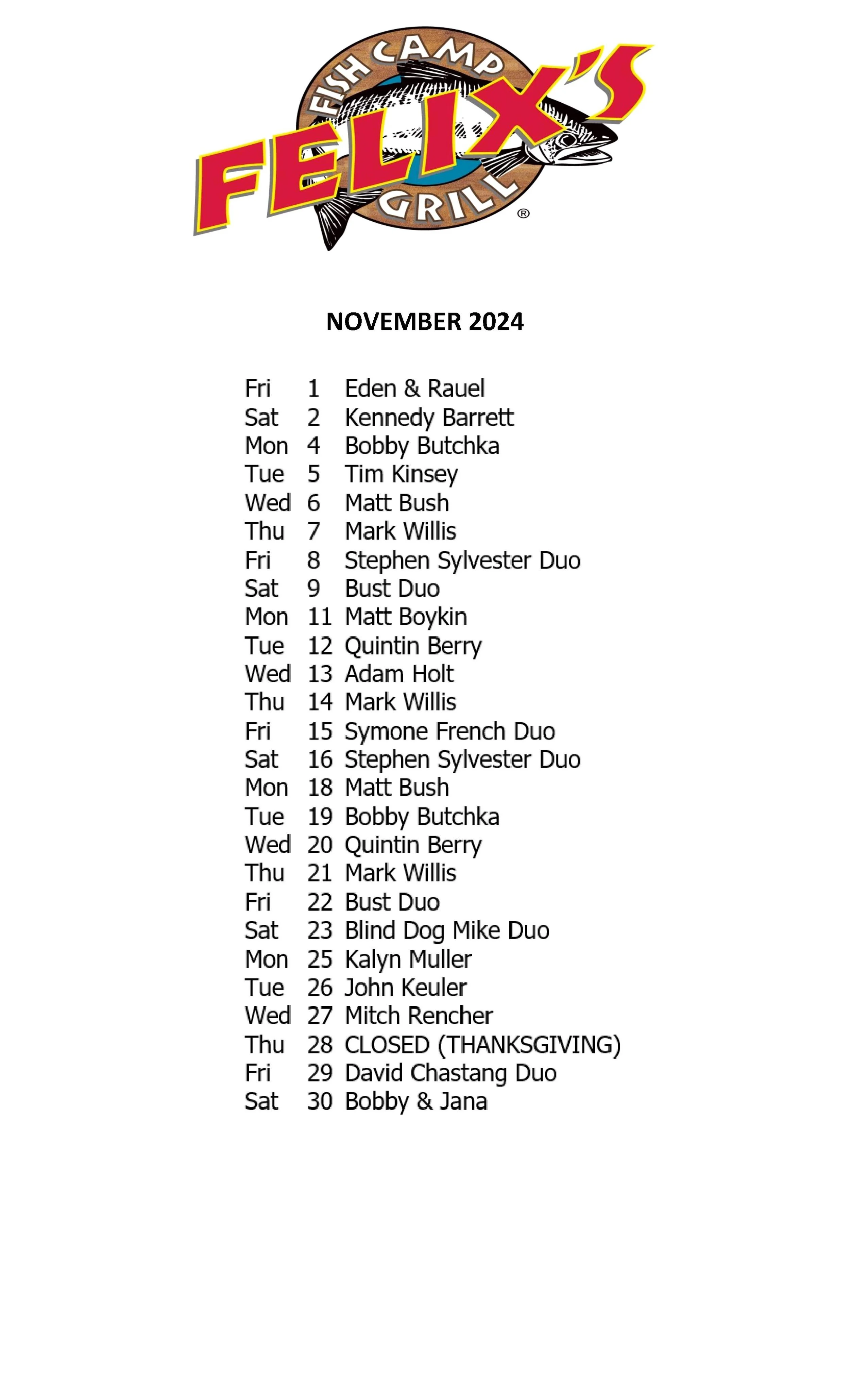 NOVEMBER MUSIC SCHEDULE