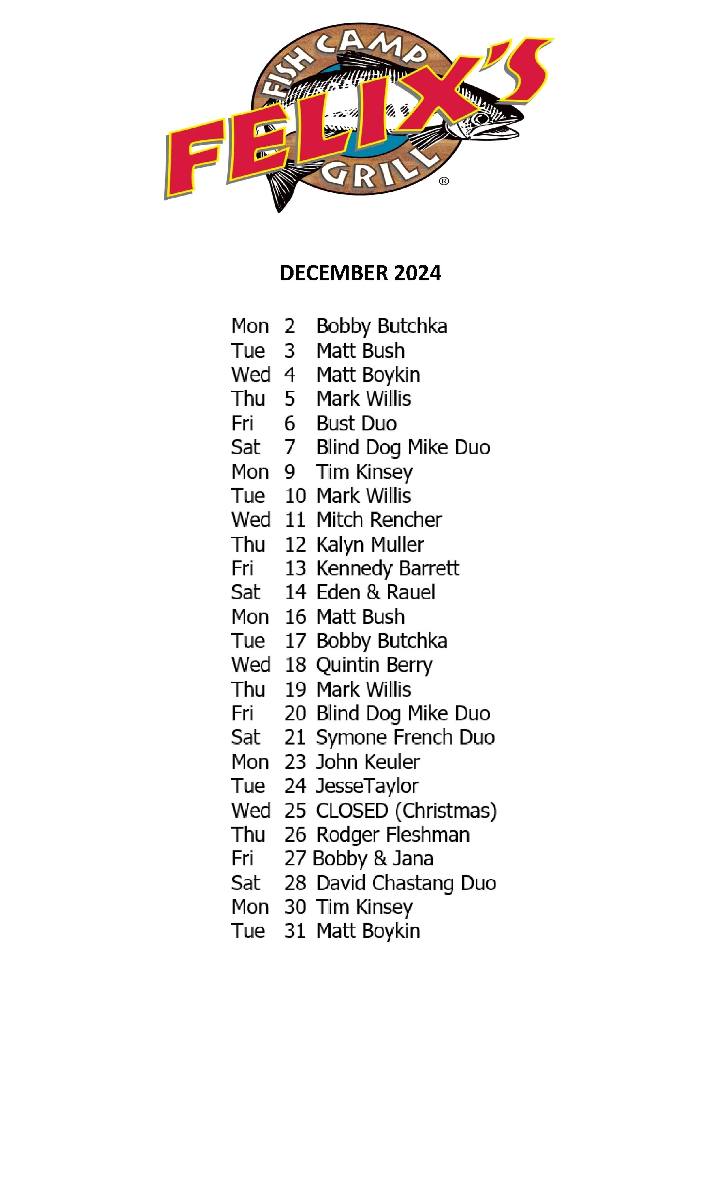 DECEMBER MUSIC SCHEULE