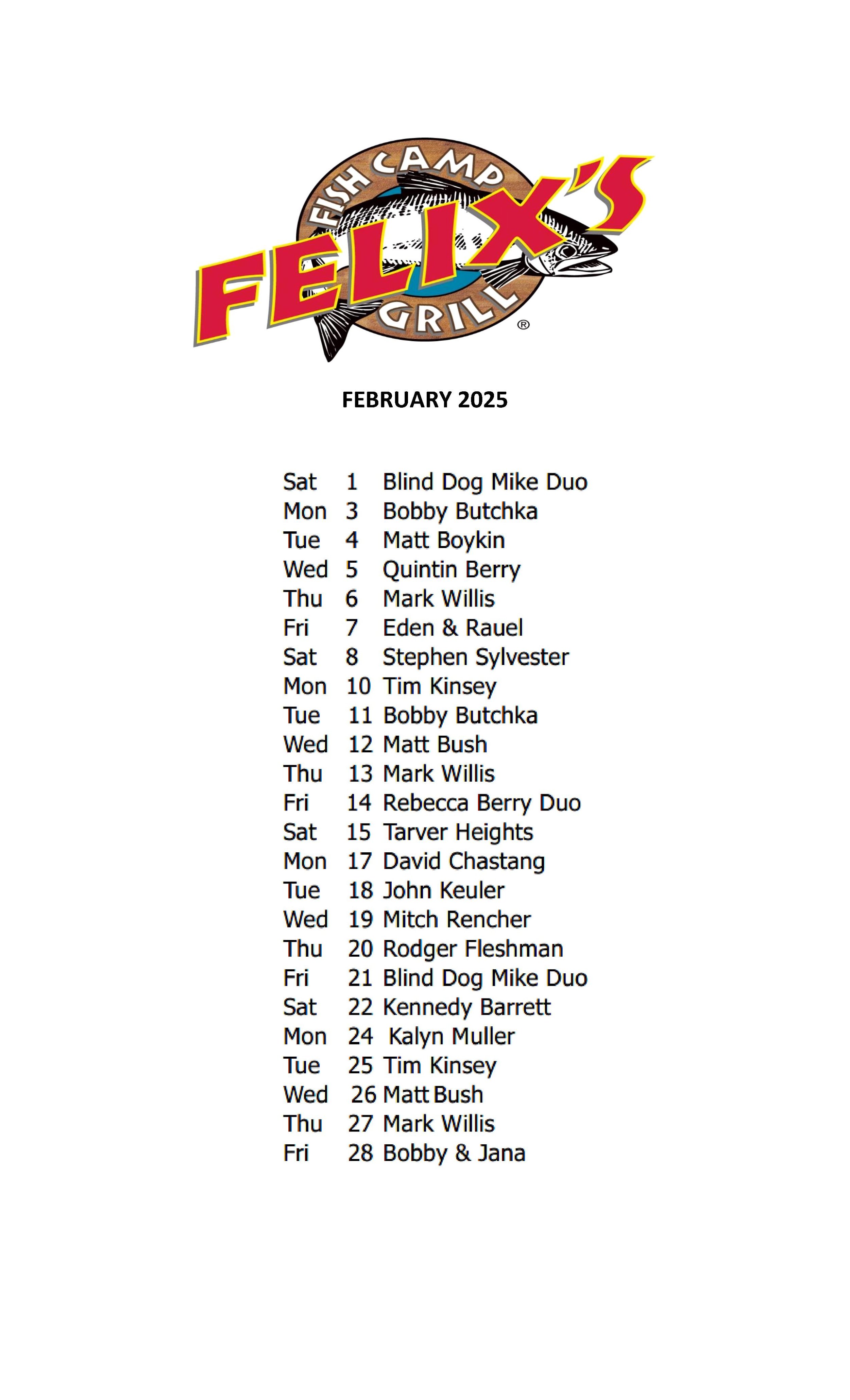 FEBRUARY MUSIC SCHEDULE