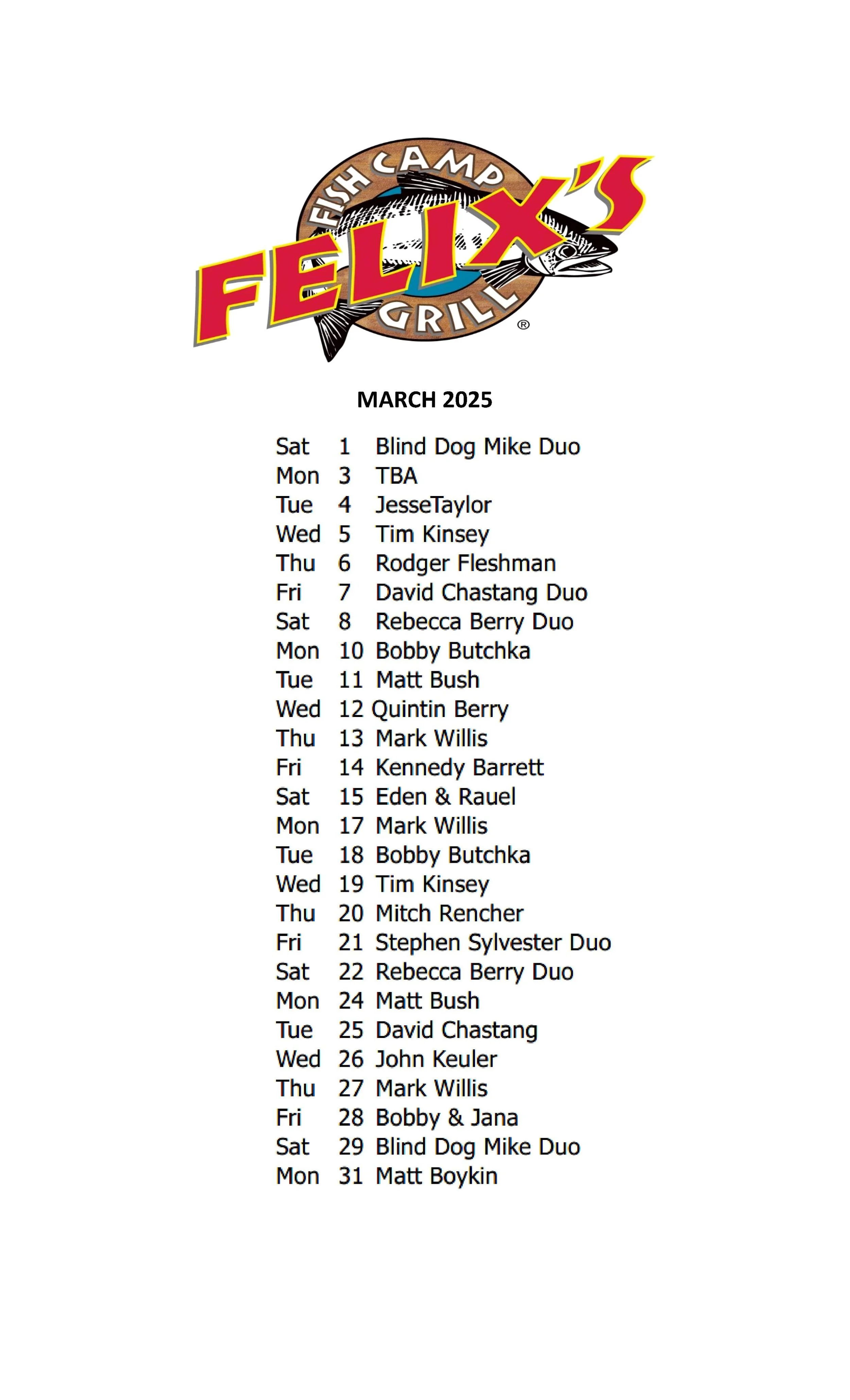 MARCH MUSIC SCHEDULE
