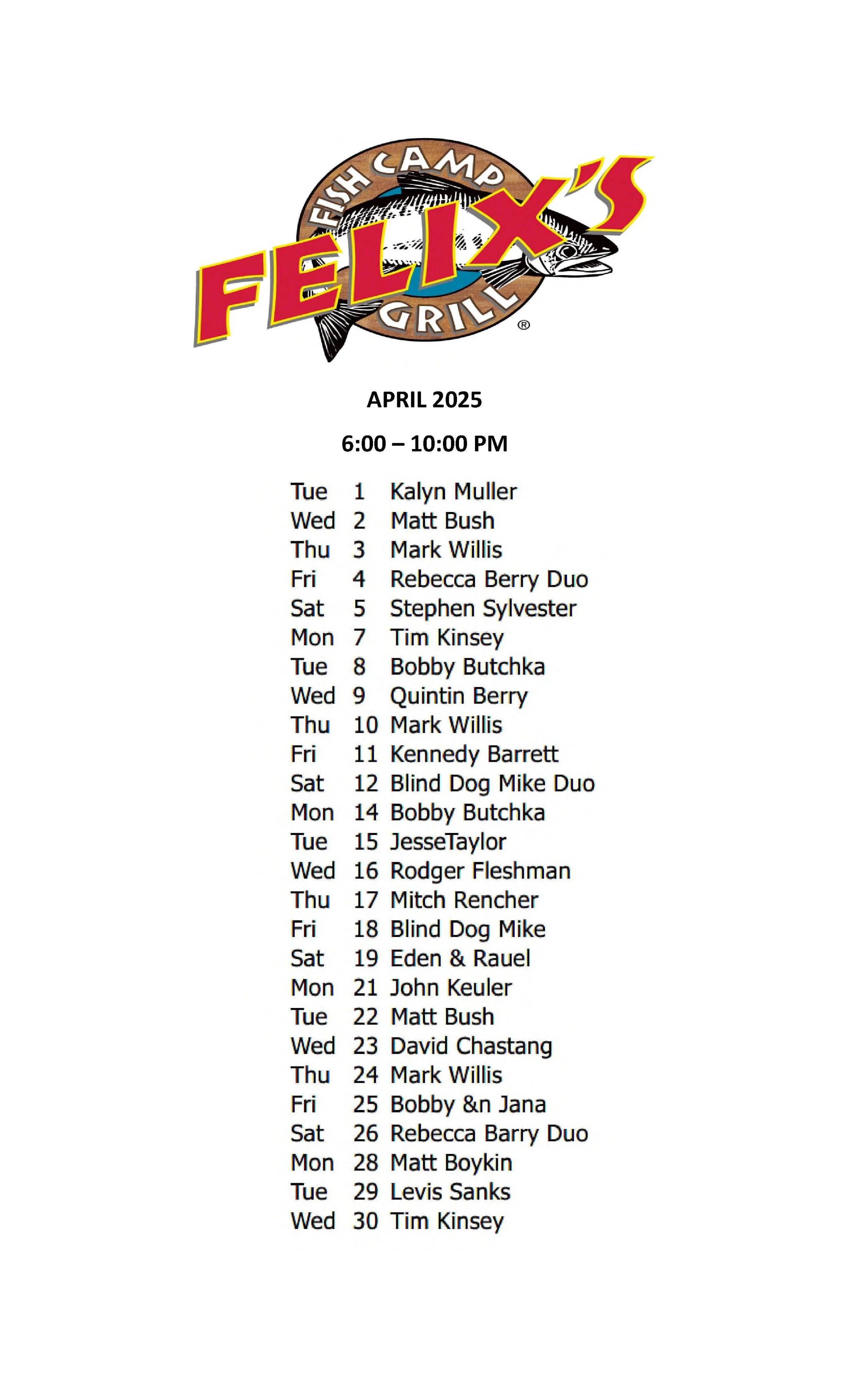 APRIL MUSIC SCHEDULE