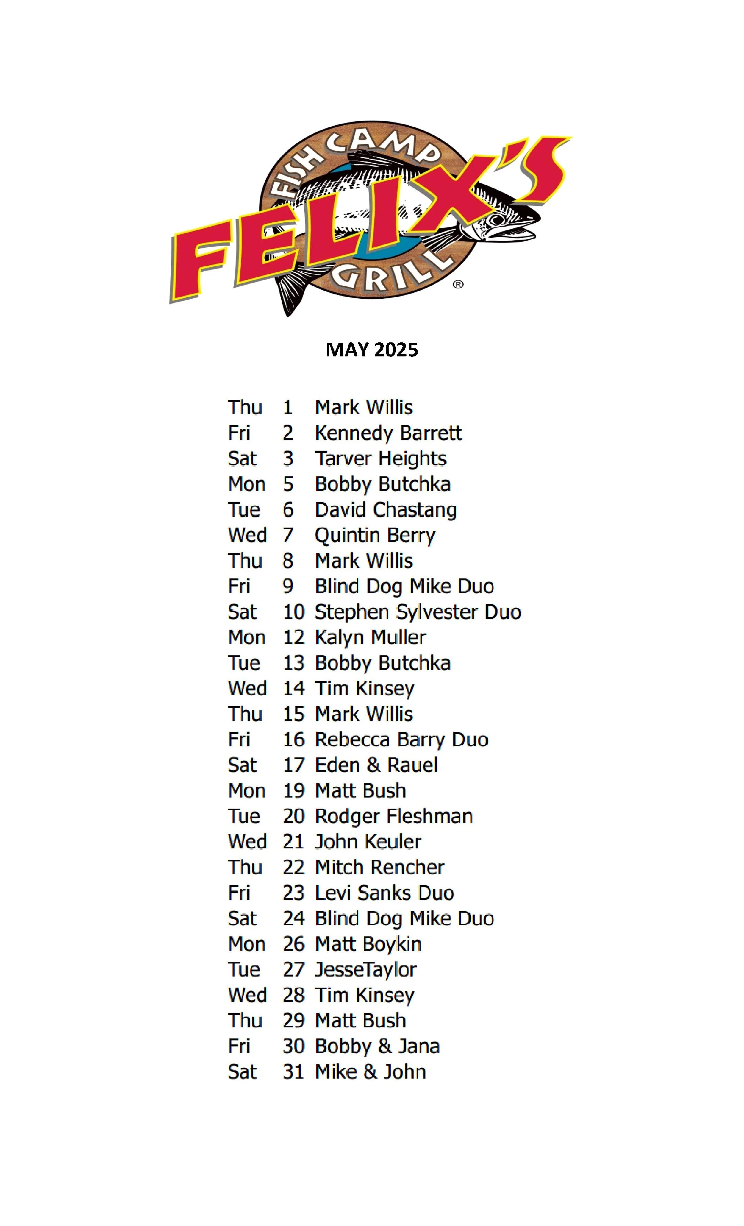 MAY MUSIC SCHEDULE