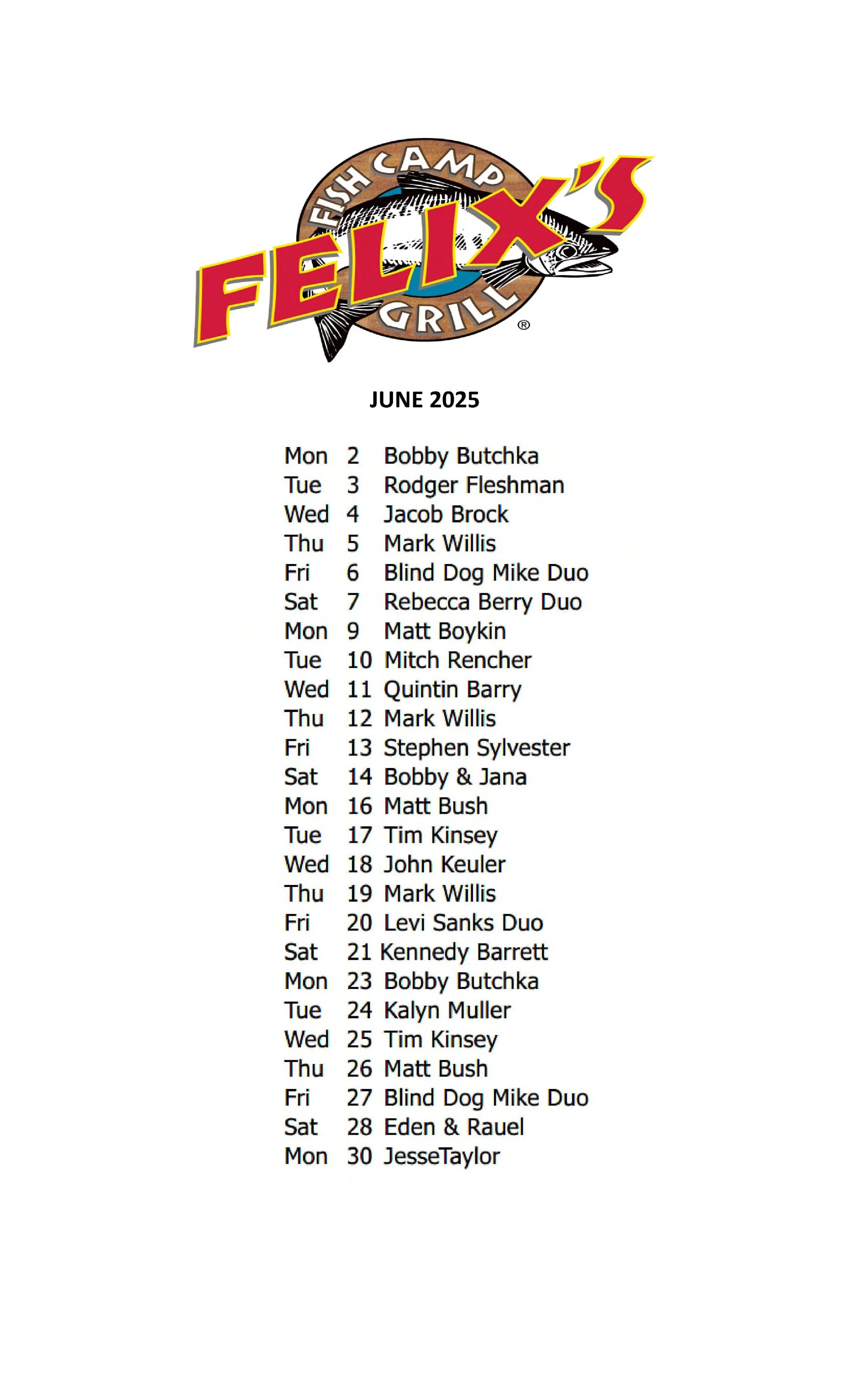 JUNE MUSIC SCHEDULE