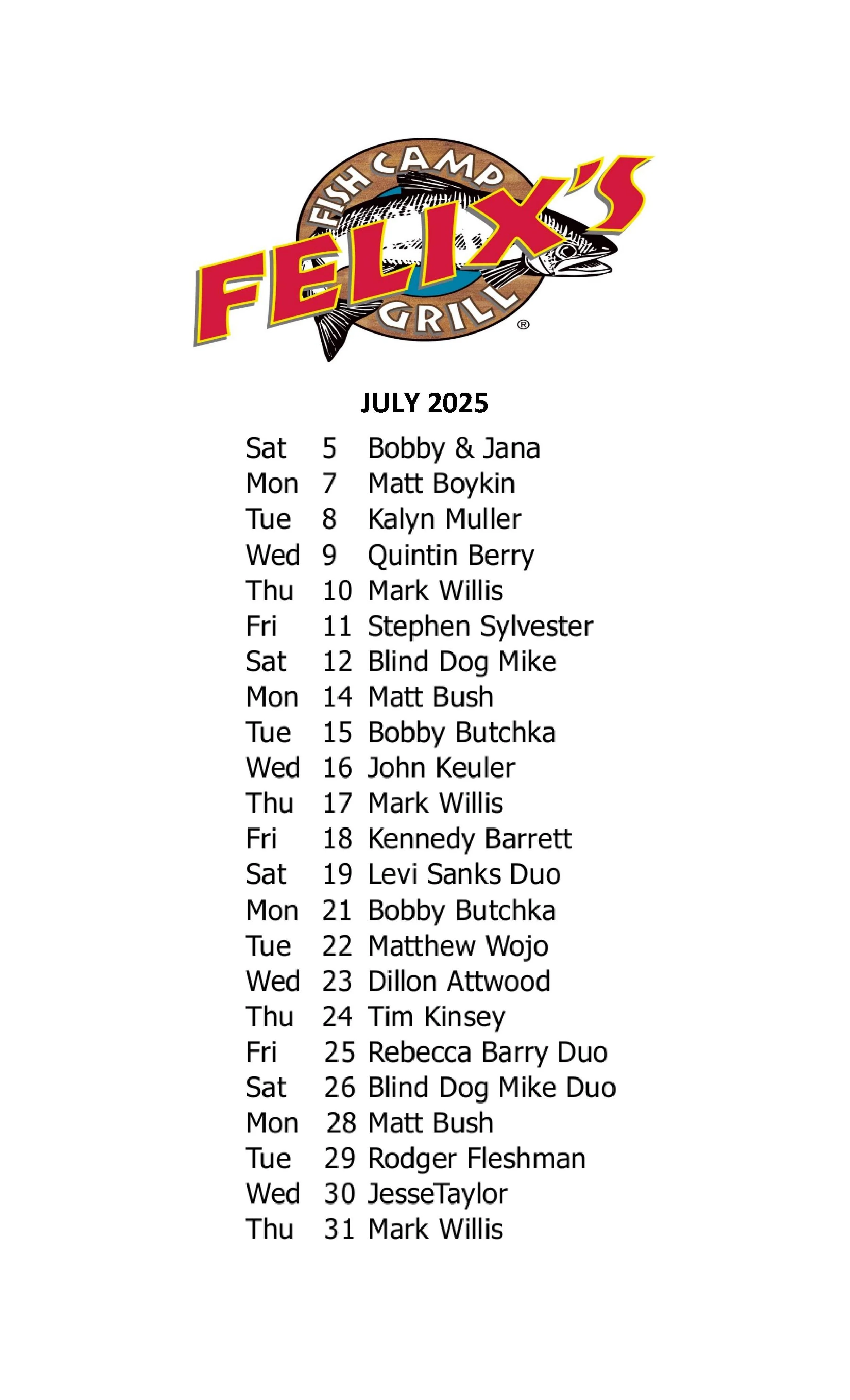 JULY MUSIC SCHEDULE