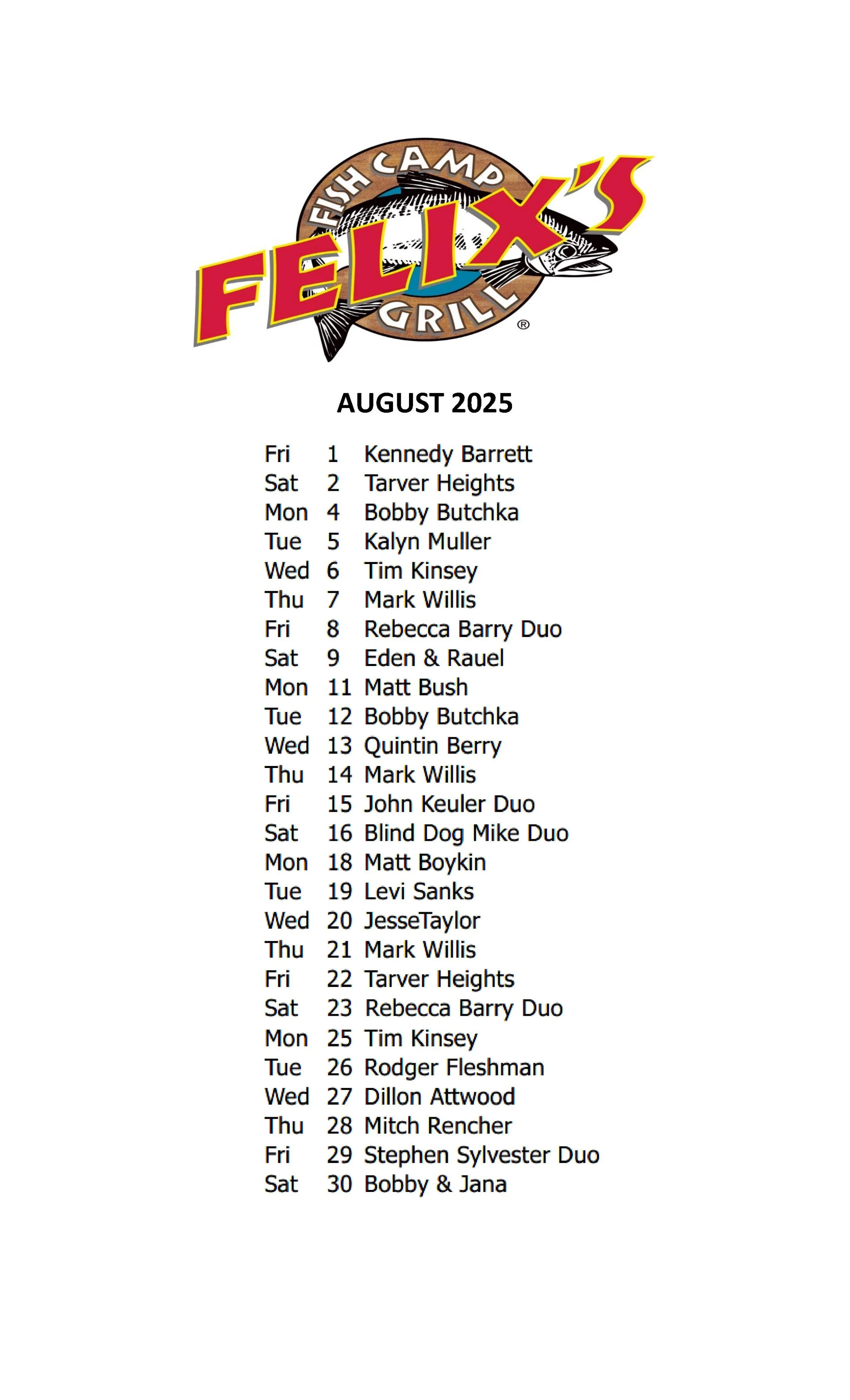 AUGUST MUSIC SCHEDULE
