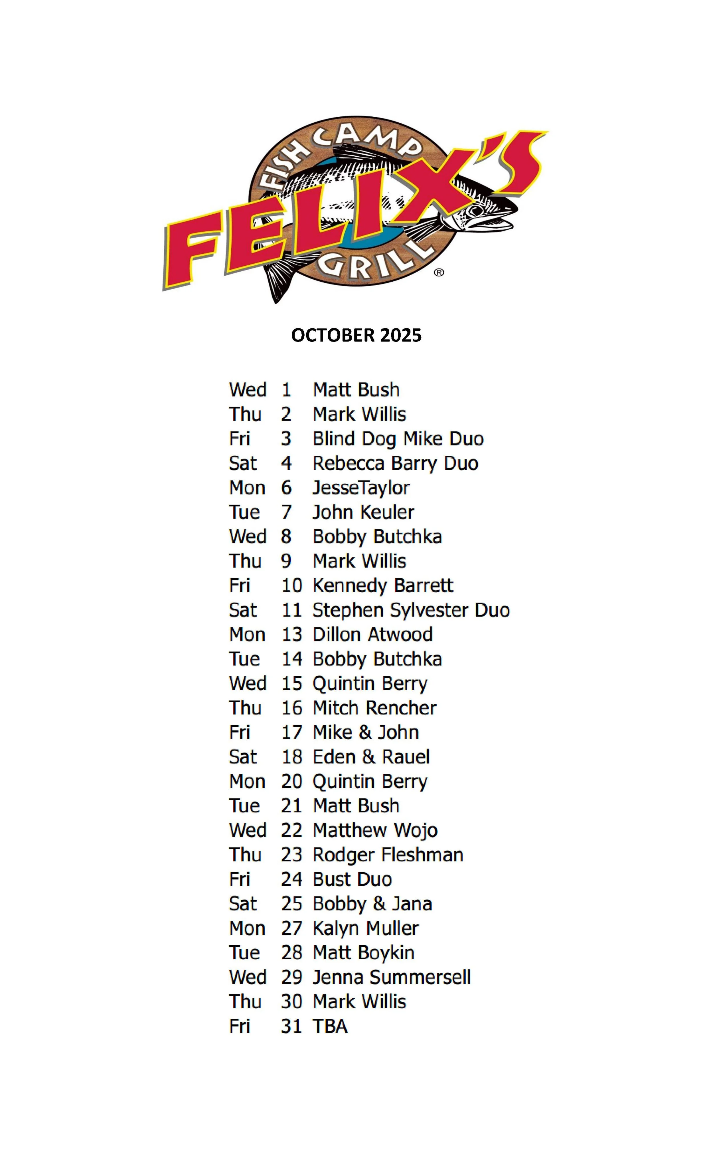 OCTOBER MUSIC SCHEDULE