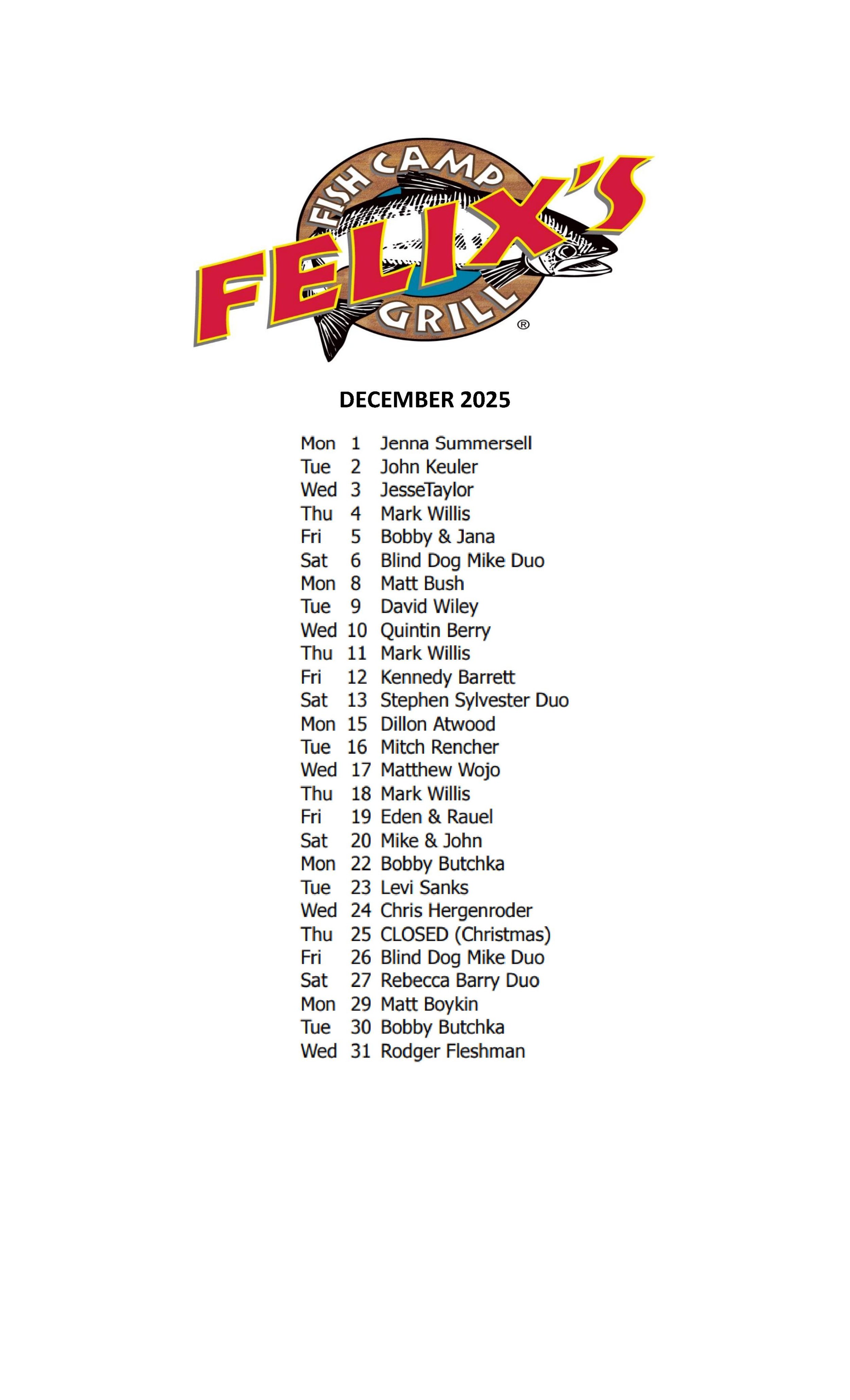DECEMBER MUSIC SCHEDULE