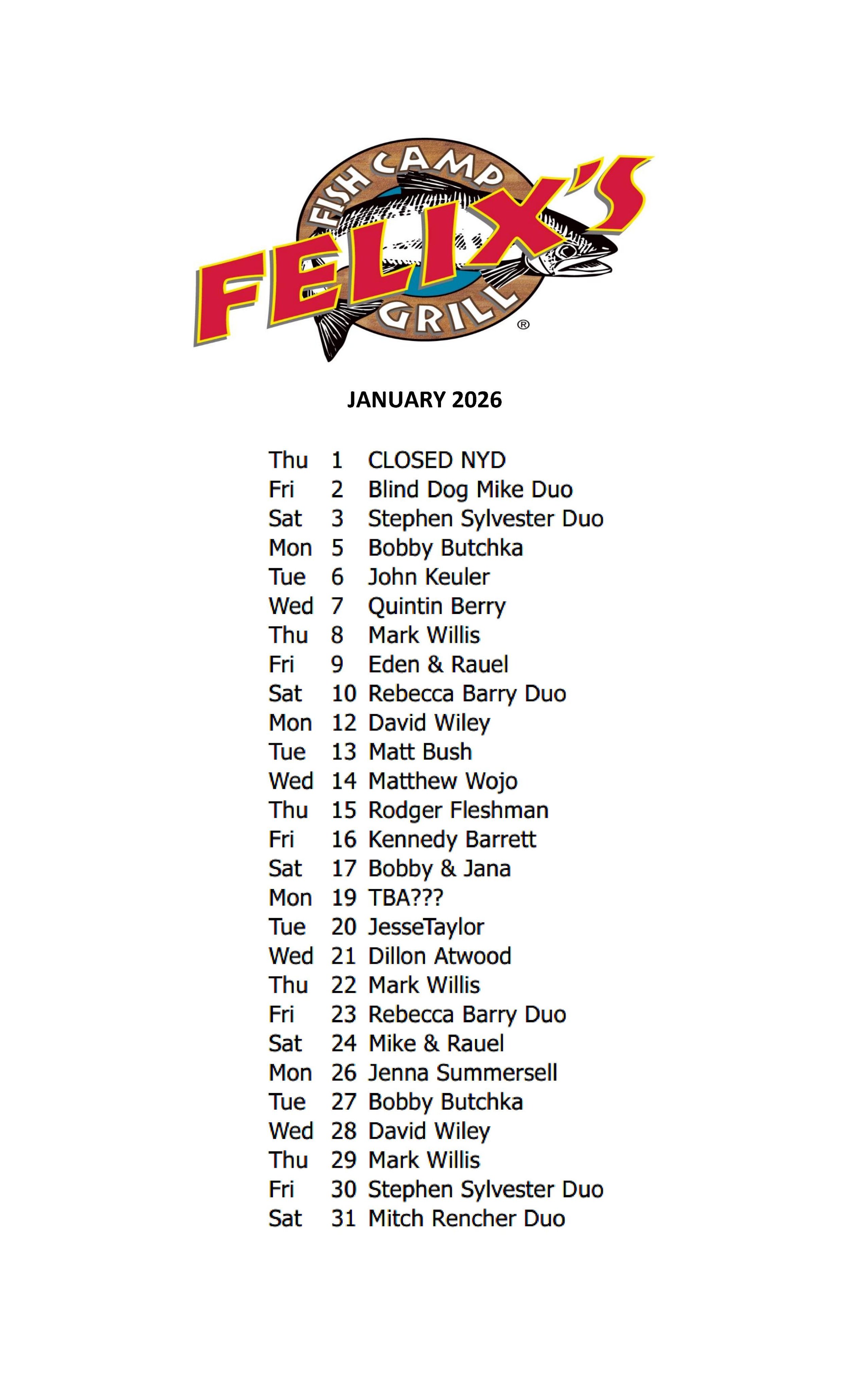 JANUARY MUSIC SCHEDULE