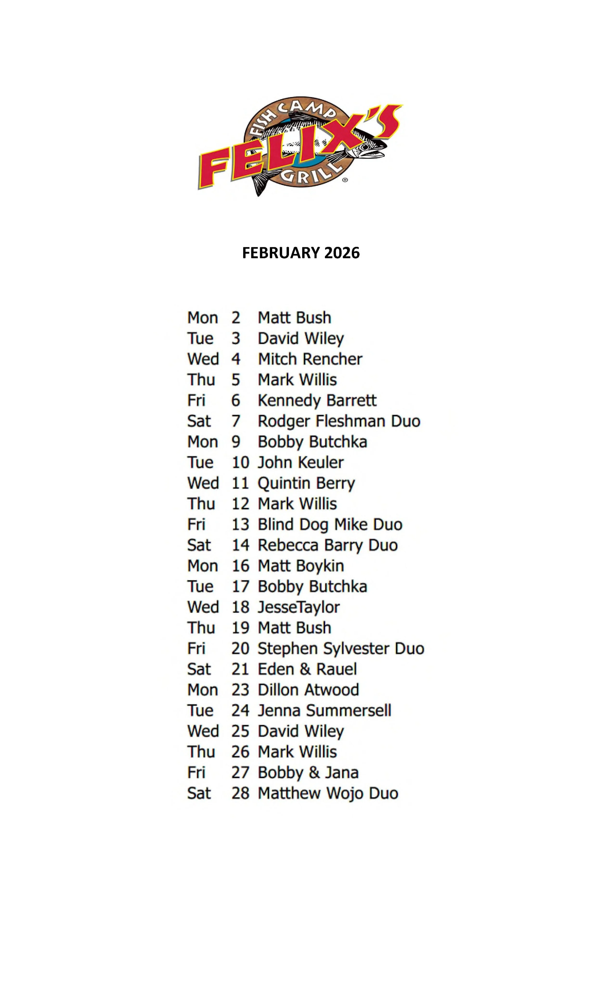 FEBRUARY MUSIC SCHEDULE