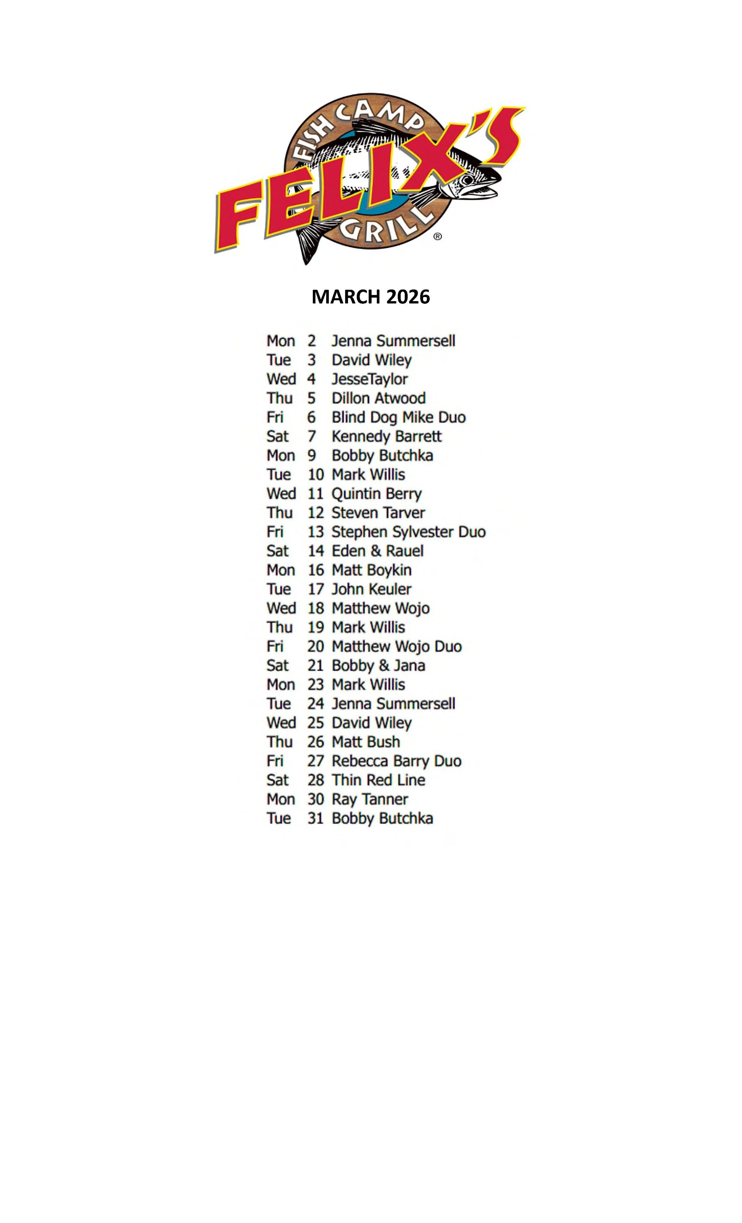 MARCH MUSIC SCHEDULE