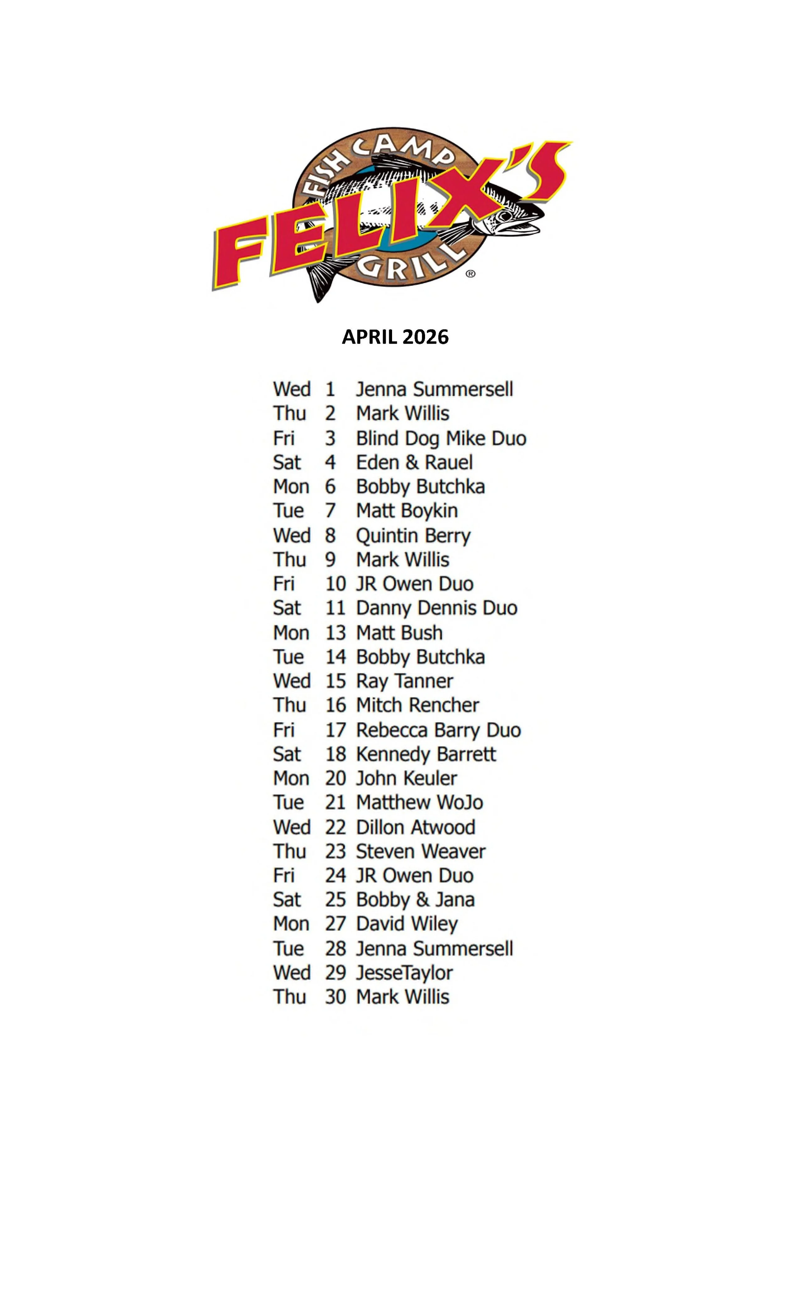 APRIL MUSIC SCHEDULE