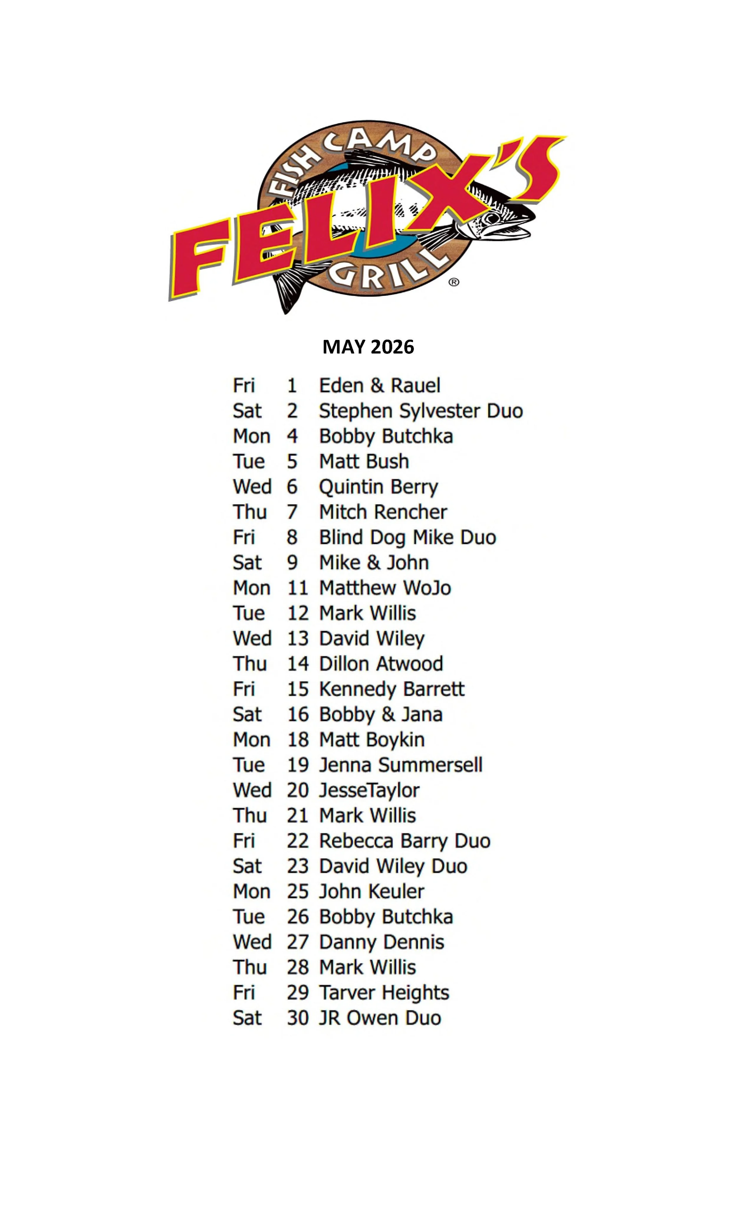 MAY MUSIC SCHEDULE