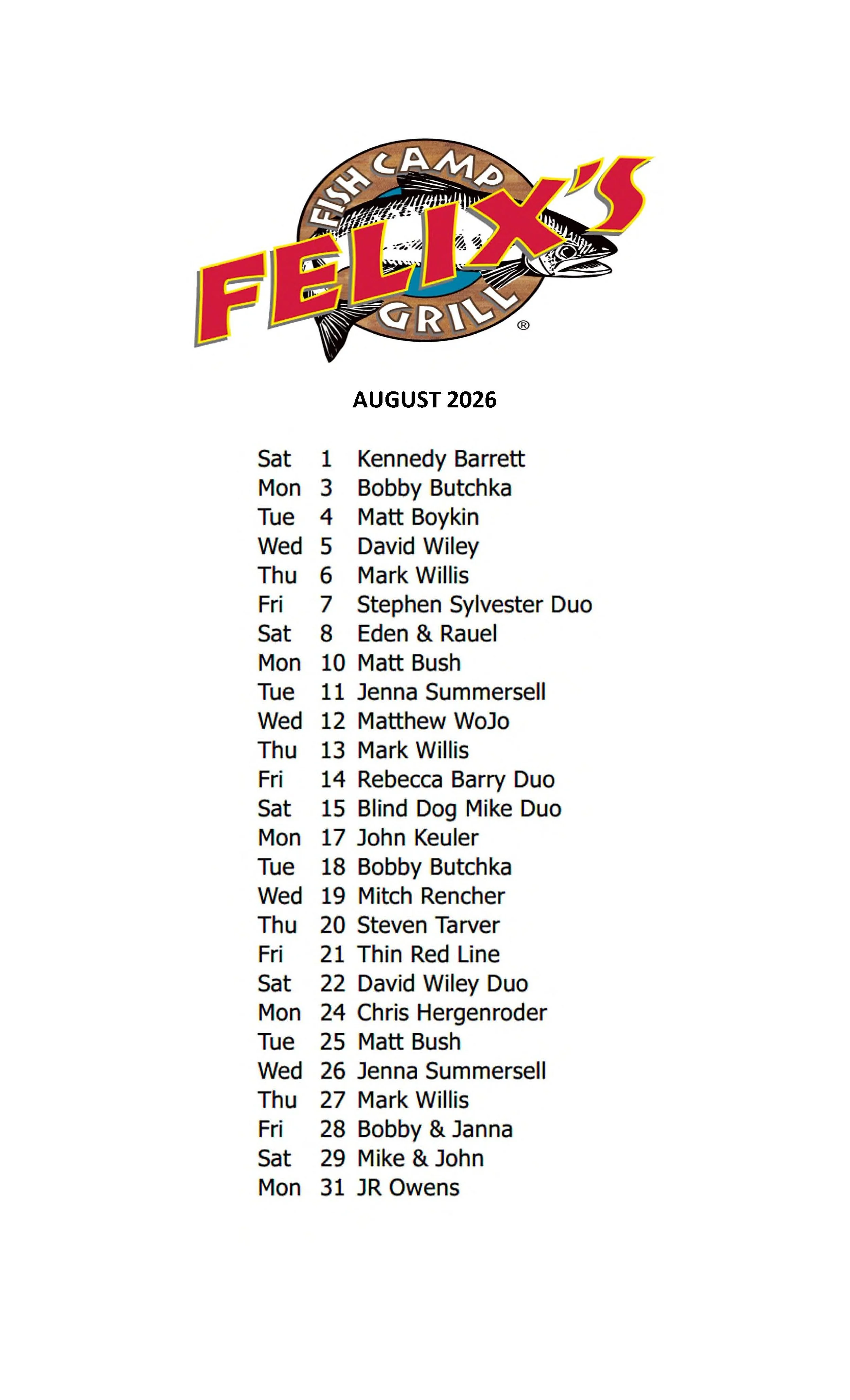AUGUST MUSIC SCHEDULE