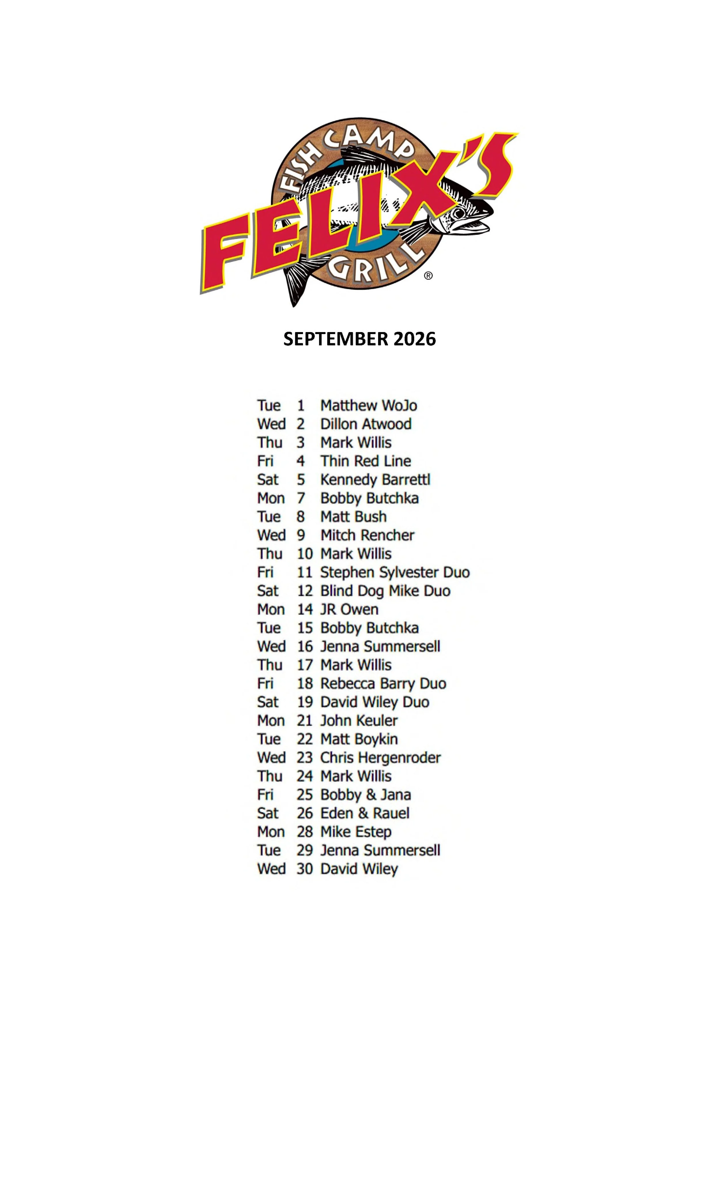 SEPTEMBER MUSIC SCHEDULE
