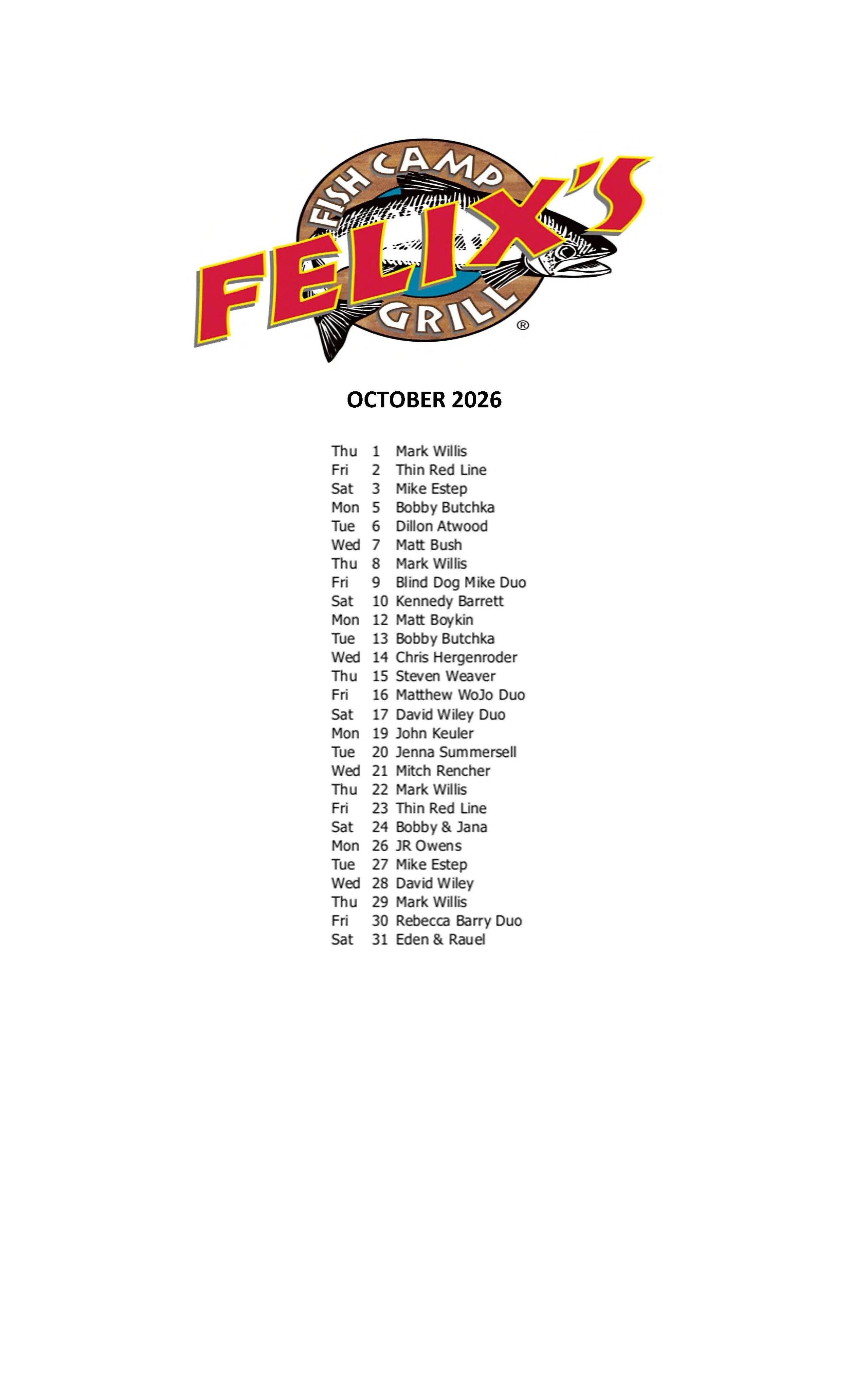 OCTOBER MUSIC SCHEDULE