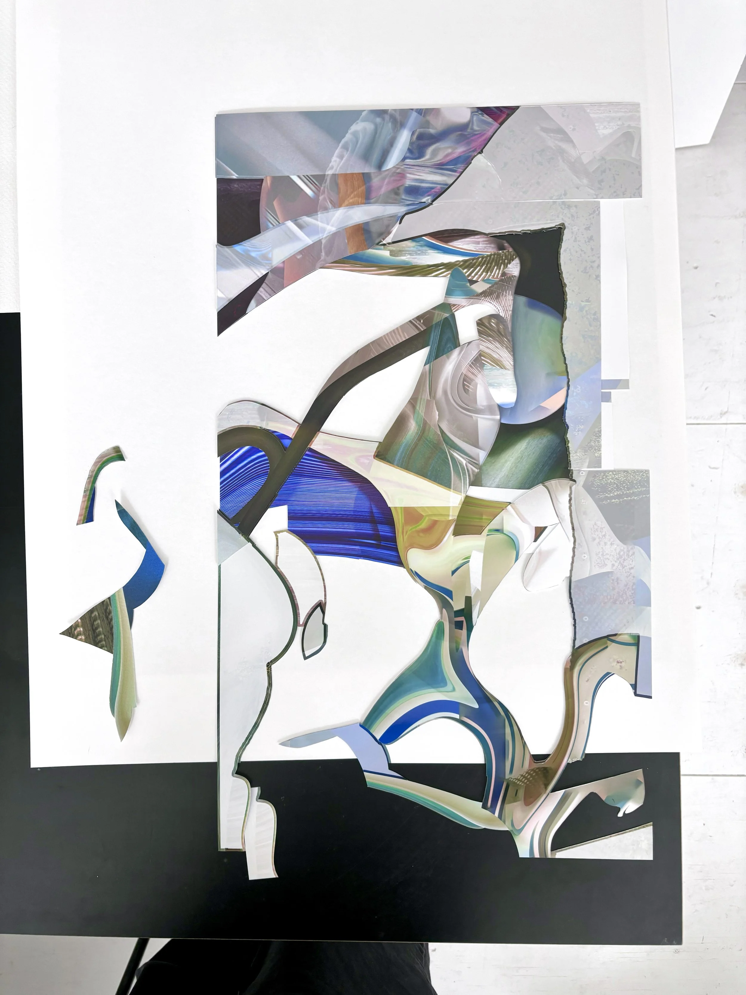 Abstract, colorful collage with swirling patterns and segments of various textures on a white background.