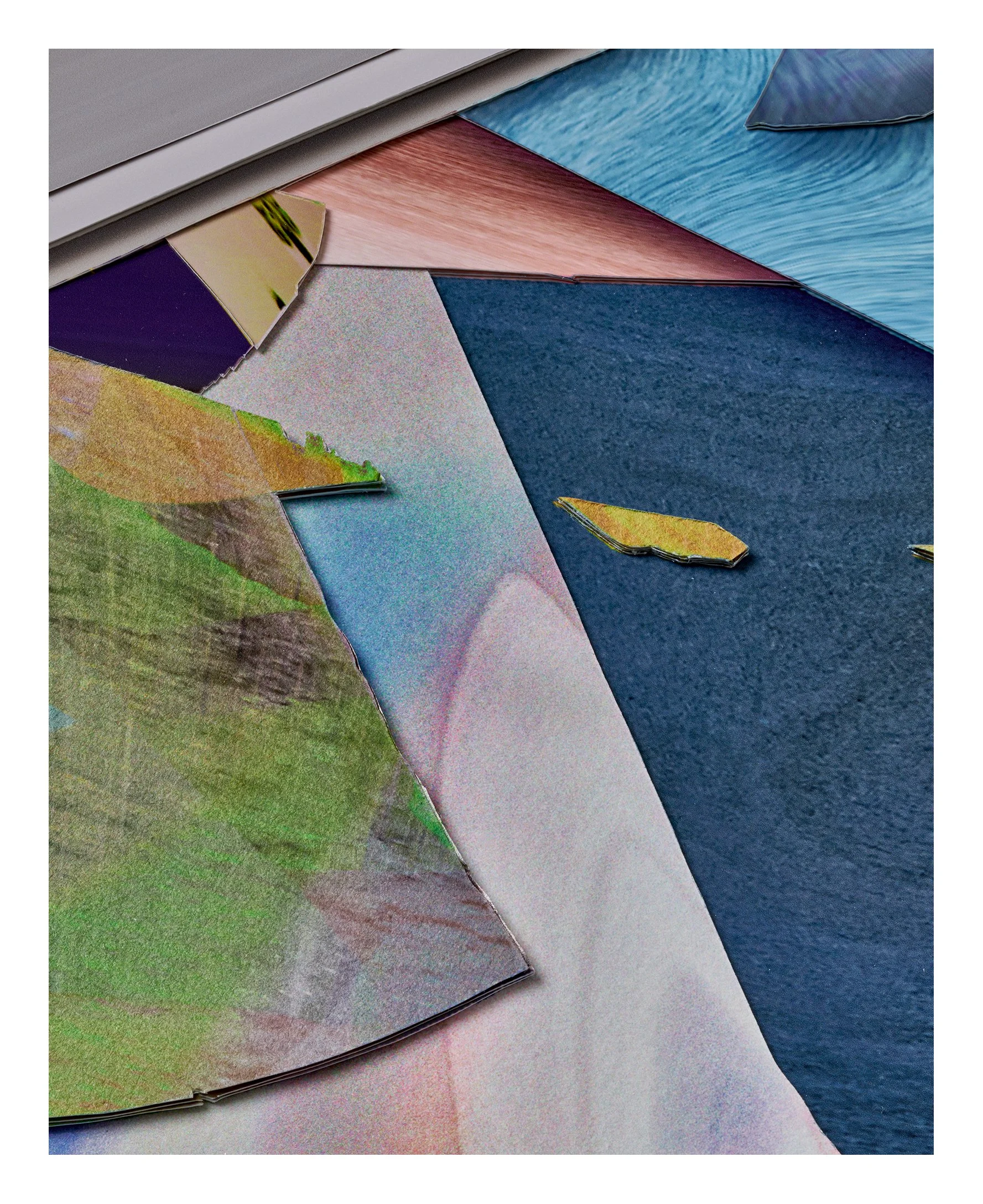Close-up of a colorful, torn paper collage with various textures and colors including green, purple, gold, pink, blue, and gray.