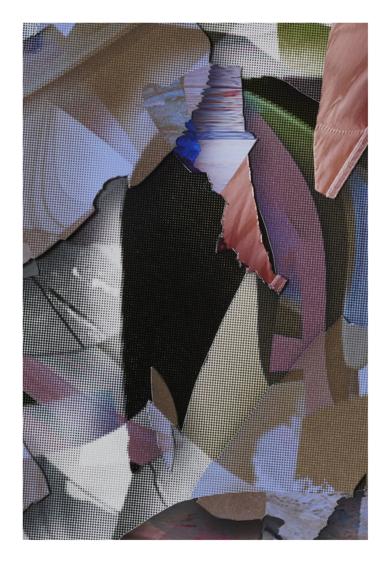 A collage of torn and layered pieces of various printed and painted paper, creating an abstract composition with a mix of colors including brown, black, white, pink, and blue.